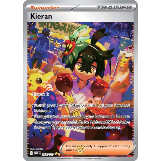 [ENG]	SV06	Twilight Masquerade:	218/167	Kieran	[Supporter]	[SIR - Special Illustration Rare]	(Foil)