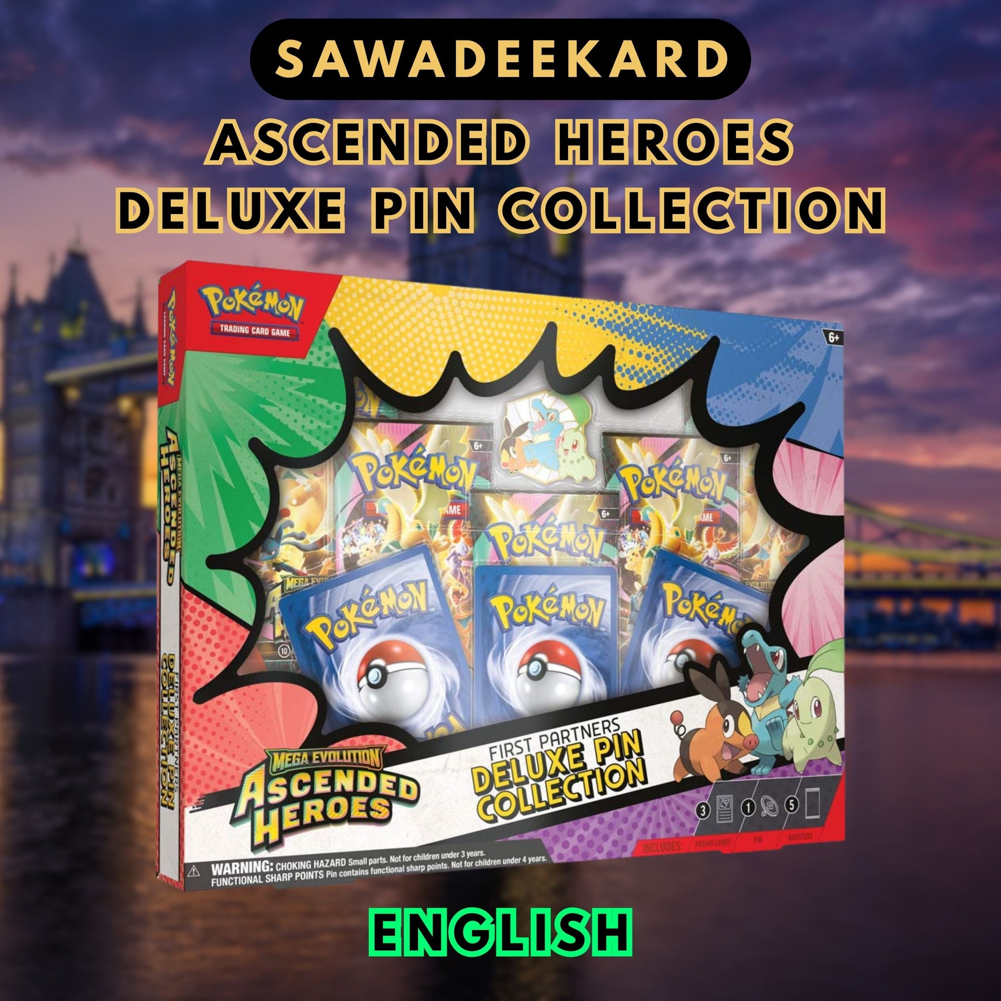 Pokemon TCG Ascended Heroes First Partners Deluxe Pin Collection featuring Chikorita Tepig Totodile promo cards, deluxe enamel pin and 5 Ascended Heroes booster packs