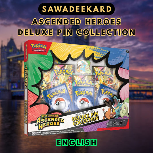 Pokemon TCG Ascended Heroes First Partners Deluxe Pin Collection featuring Chikorita Tepig Totodile promo cards, deluxe enamel pin and 5 Ascended Heroes booster packs