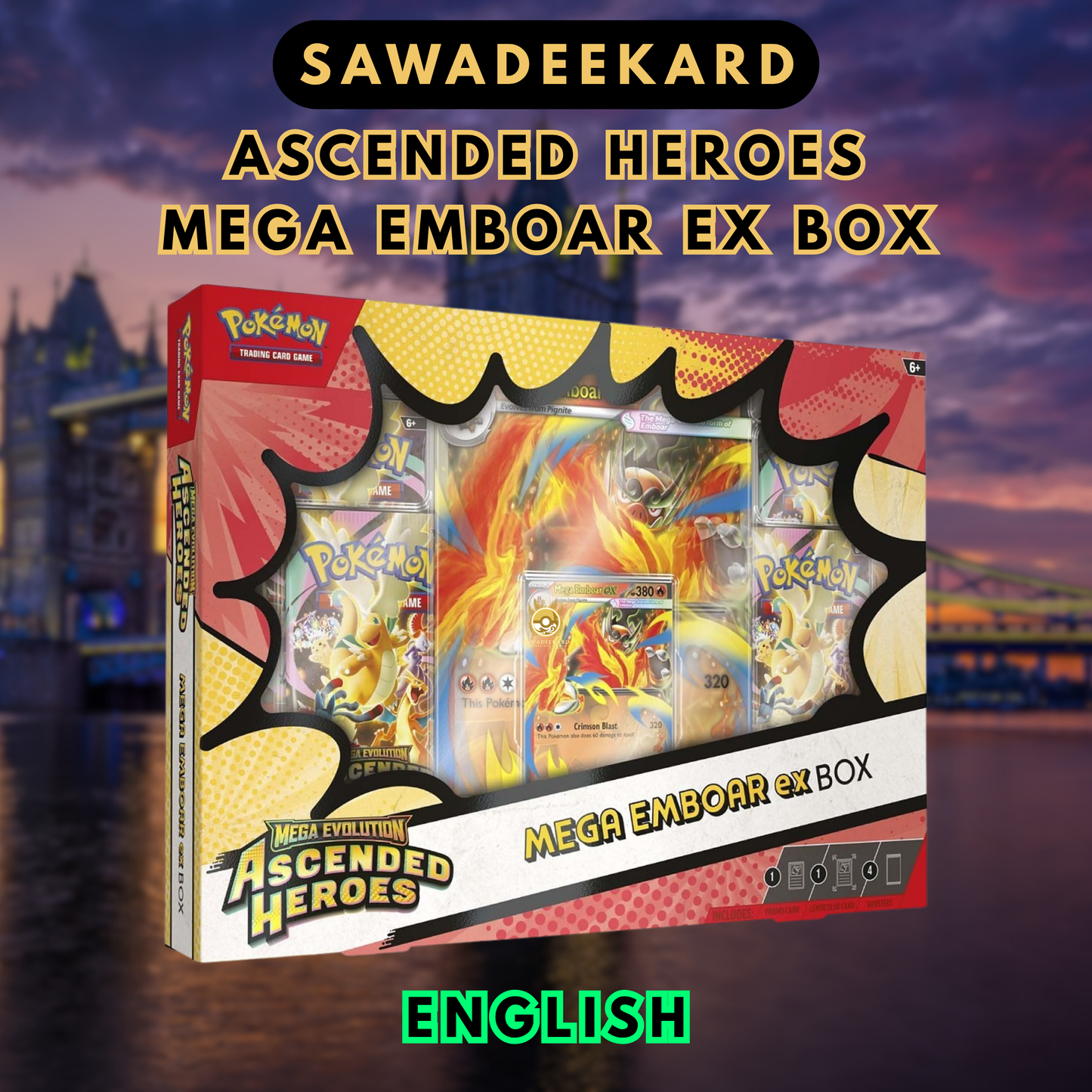 Pokemon TCG Ascended Heroes Mega Emboar ex Box featuring Mega Emboar ex promo card, lenticular jumbo card and 4 Ascended Heroes booster packs
