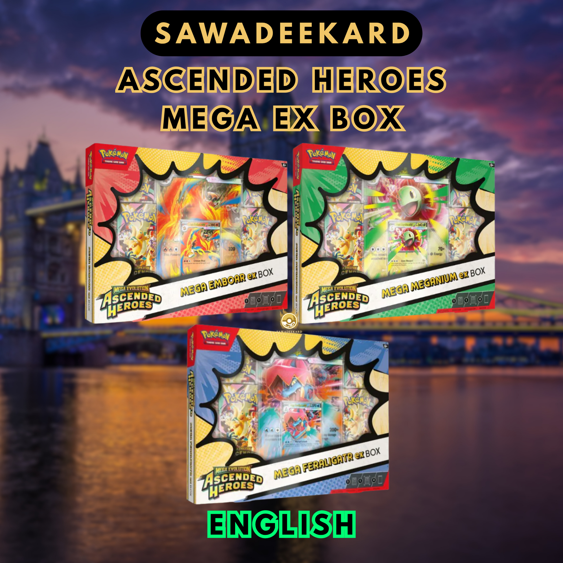 Pokemon TCG Ascended Heroes Mega ex Box featuring Mega Meganium ex, Mega Emboar ex or Mega Feraligatr ex promo card and 4 Ascended Heroes booster packs