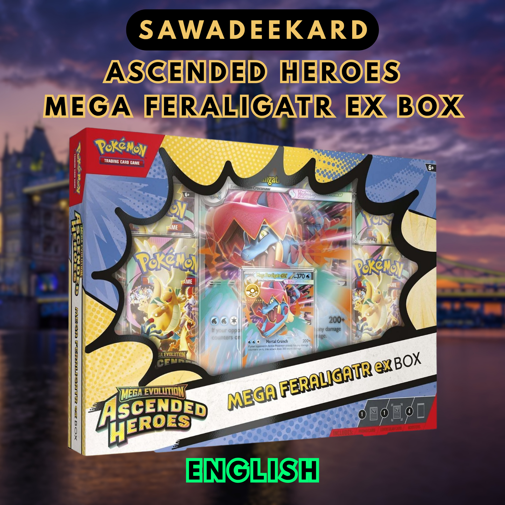 Pokemon TCG Ascended Heroes Mega Feraligatr ex Box featuring Mega Feraligatr ex promo card, lenticular jumbo card and 4 Ascended Heroes booster packs