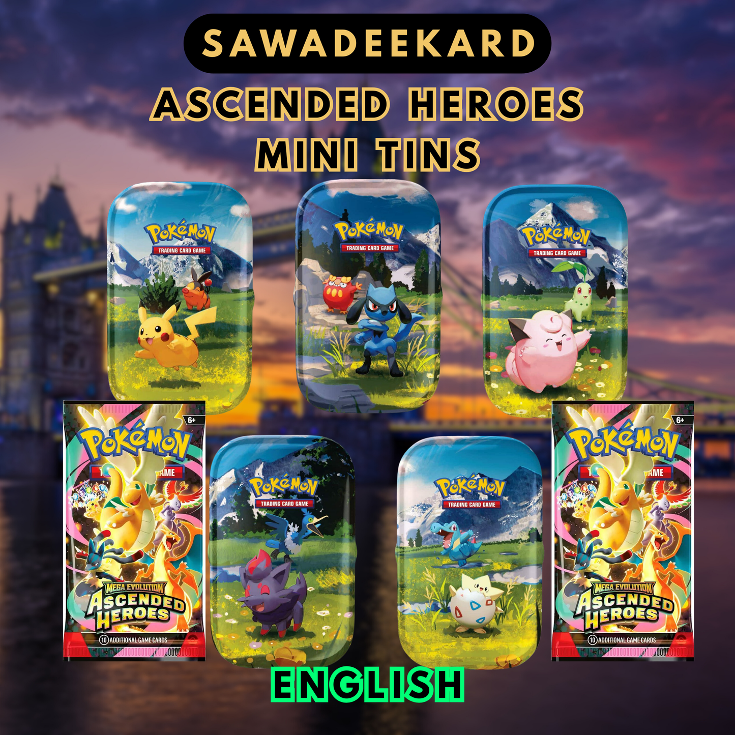 Pokemon TCG Ascended Heroes Mini Tin collection featuring multiple collectible tin designs with booster packs and Pokemon coin