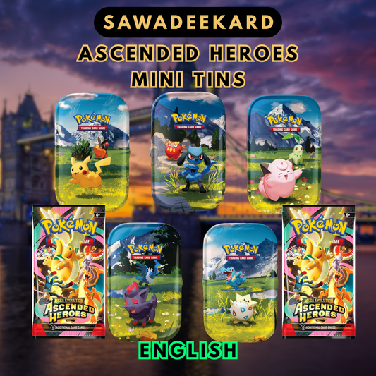 Pokemon TCG Ascended Heroes Mini Tin collection featuring multiple collectible tin designs with booster packs and Pokemon coin