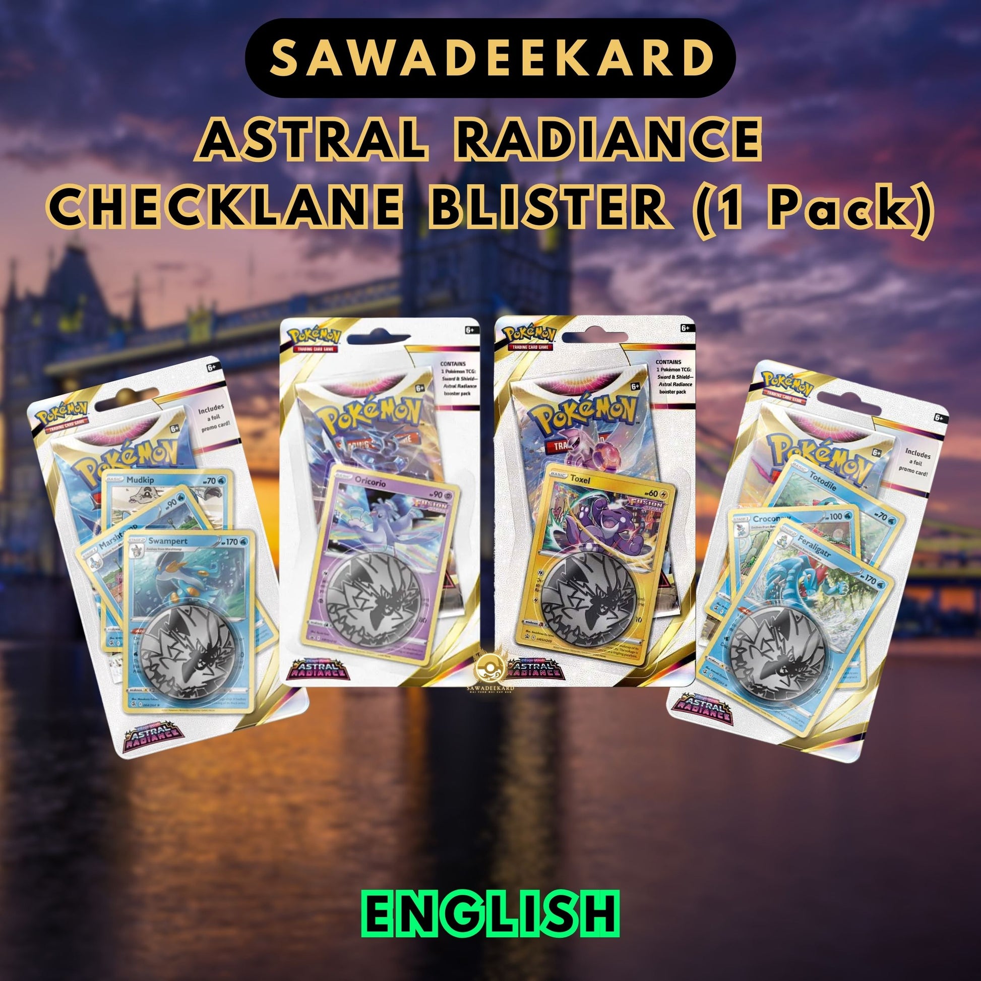 Pokemon TCG Astral Radiance Checklane Blister Pack featuring 1 Astral Radiance booster pack, promo card and collectible Pokemon coin