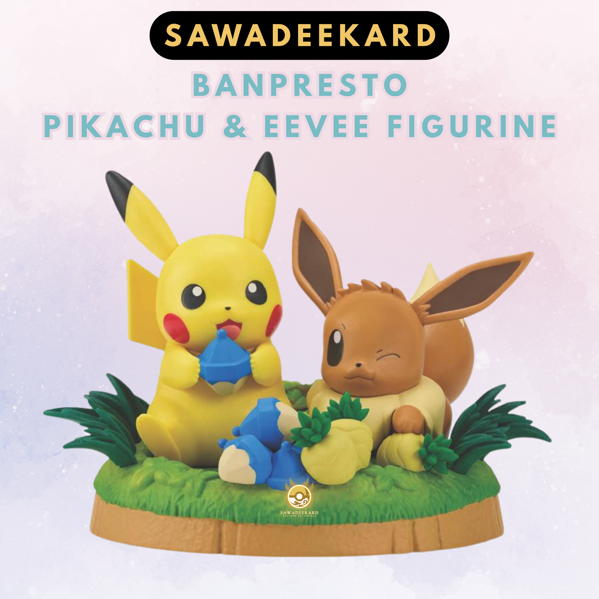 BANPRESTO Pikachu and Eevee Pokémon figure collectible displayed together