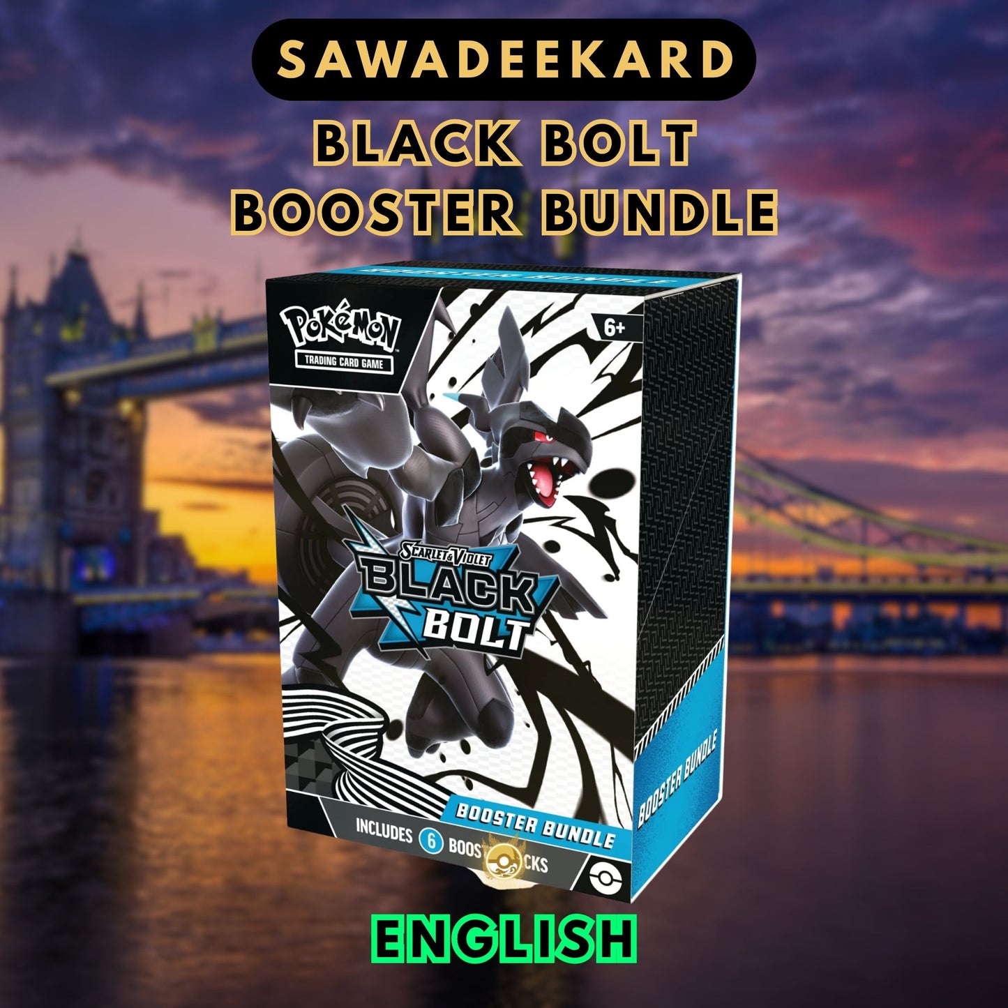 Pokemon TCG Scarlet and Violet Black Bolt Booster Bundle containing 6 booster packs featuring BWR Zekrom ex, Red's Victini, Zekrom ex SIR and Seismitoad IR