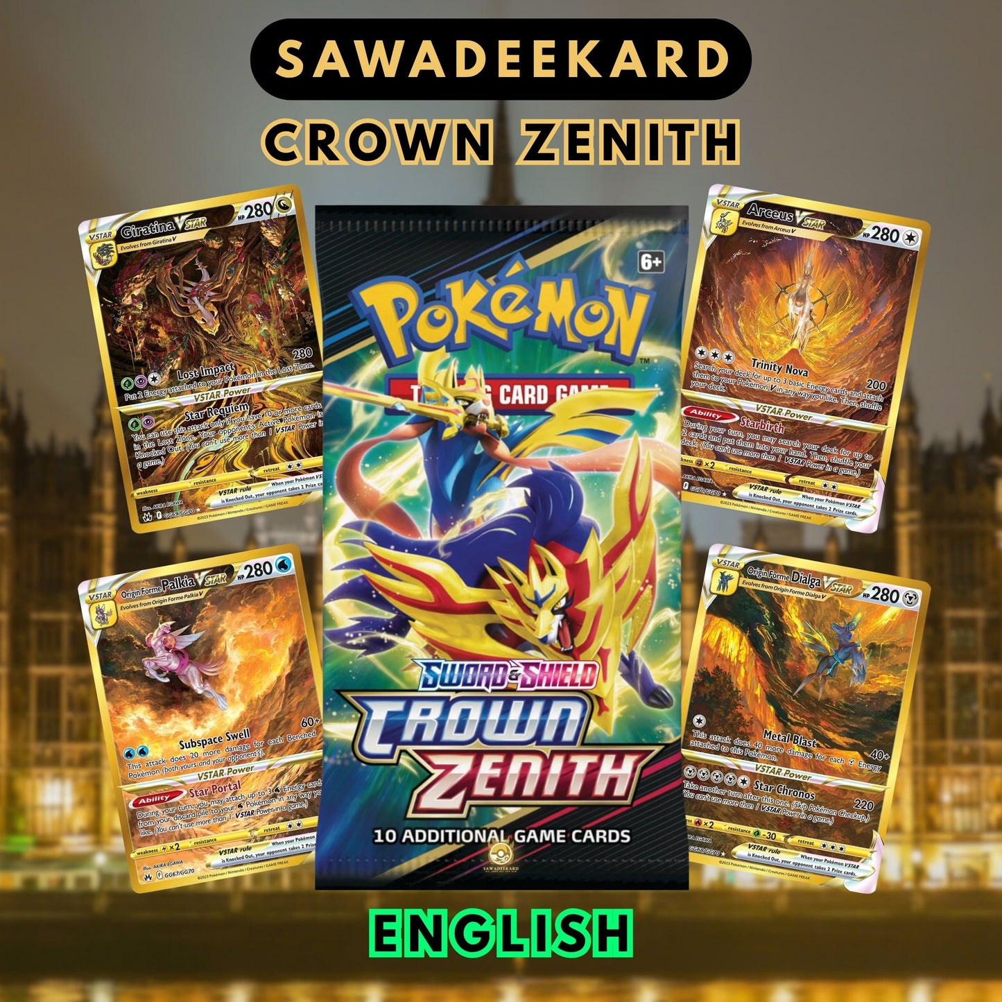 Pokemon TCG Sword and Shield Crown Zenith Booster Pack featuring Giratina VSTAR GG69, Mewtwo VSTAR GG44, Arceus VSTAR GG70, Dialga VSTAR GG68 and Palkia VSTAR GG67 chase cards