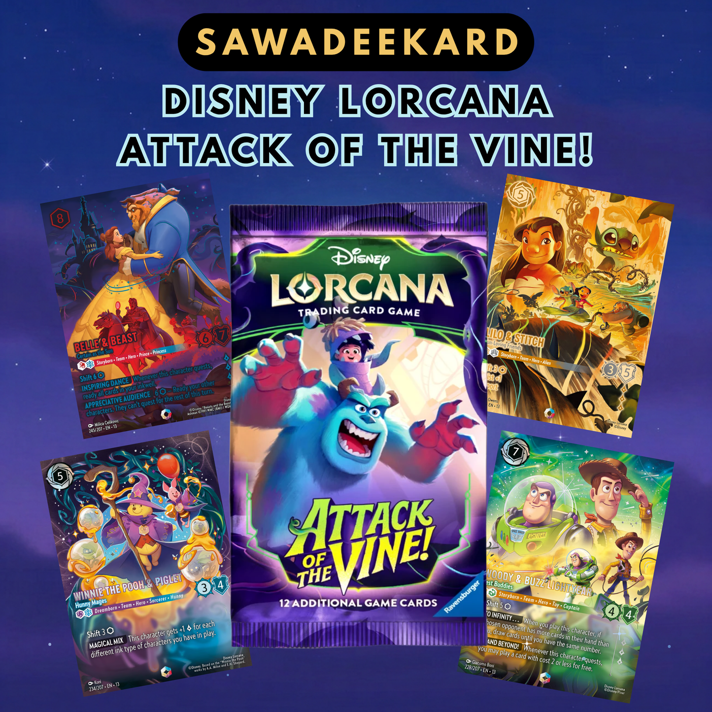 Disney Lorcana Attack of the Vine Set 13 booster pack containing 12 random cards