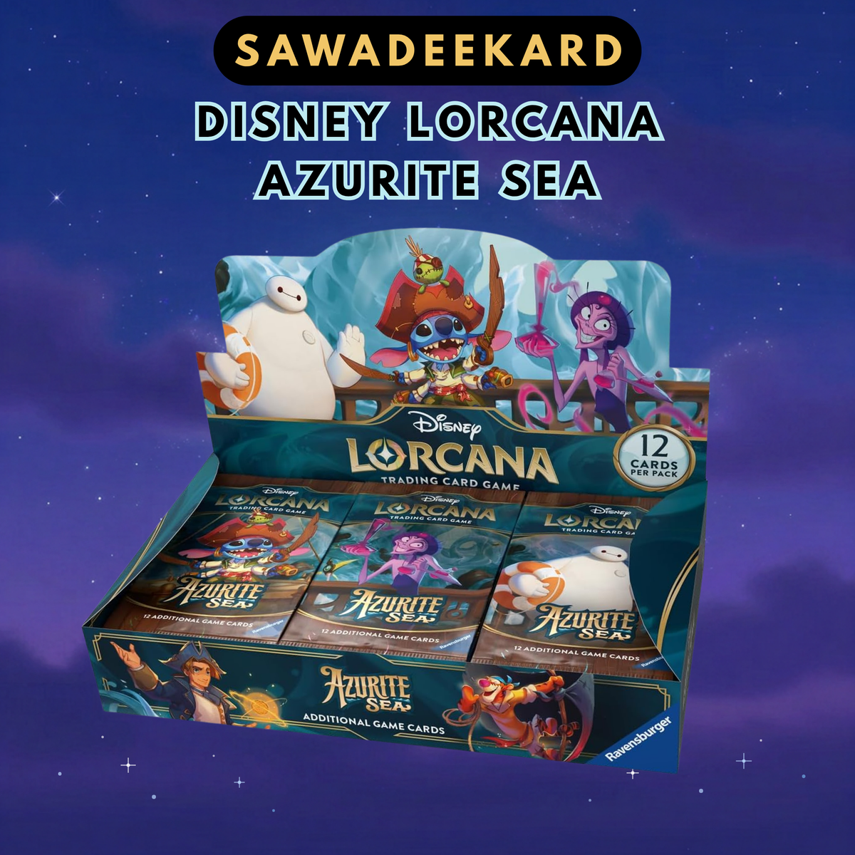 Disney Lorcana Azurite Sea Set 6 English booster box with 24 packs featuring Baymax and Enchanted chase cards