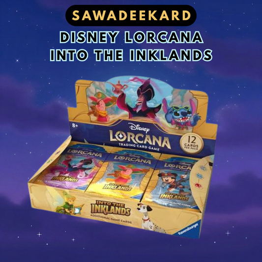 Disney Lorcana Into the Inklands Set 3 booster box and booster packs featuring Mickey Mouse Robin Hood Scrooge McDuck and Enchanted cards