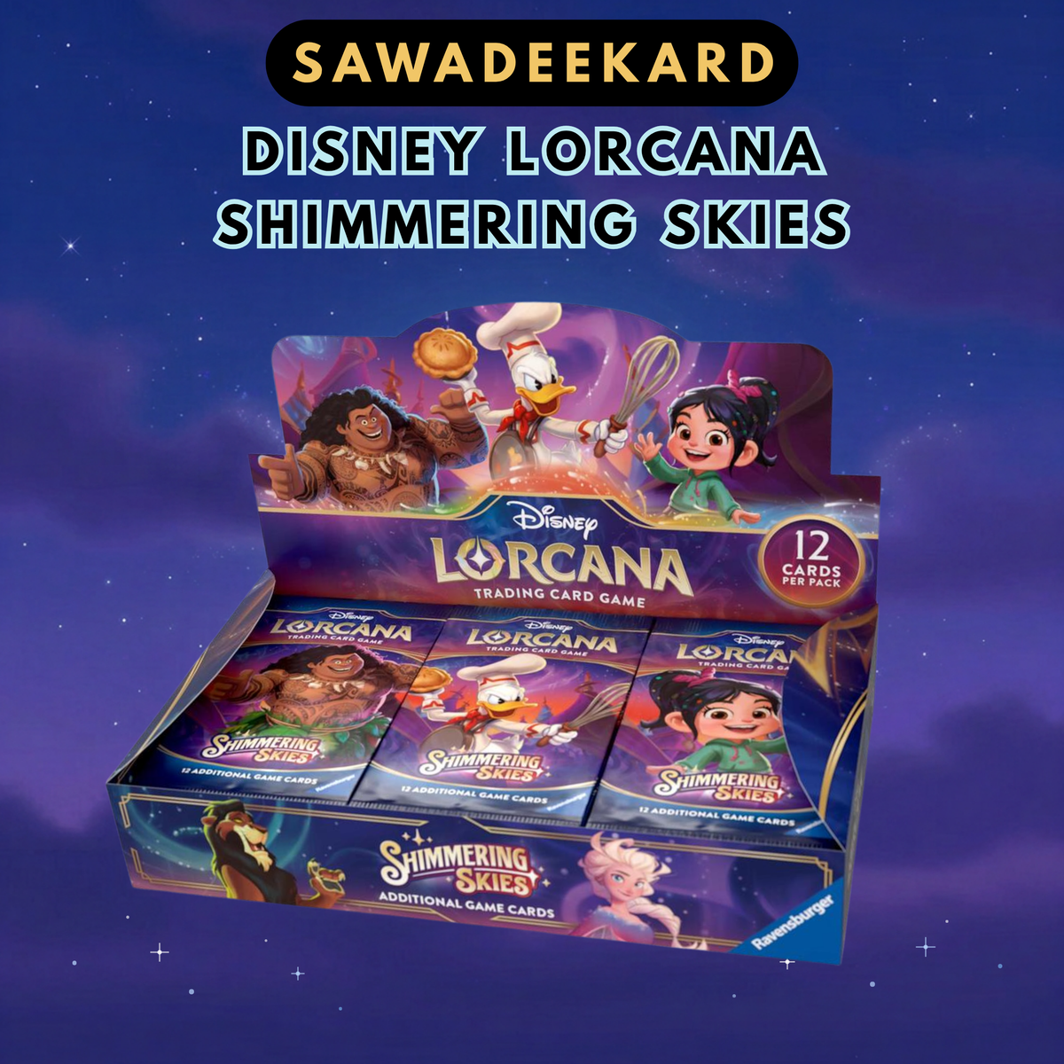 Disney Lorcana Shimmering Skies Set 5 English booster box with 24 packs featuring Mufasa and Enchanted chase cards