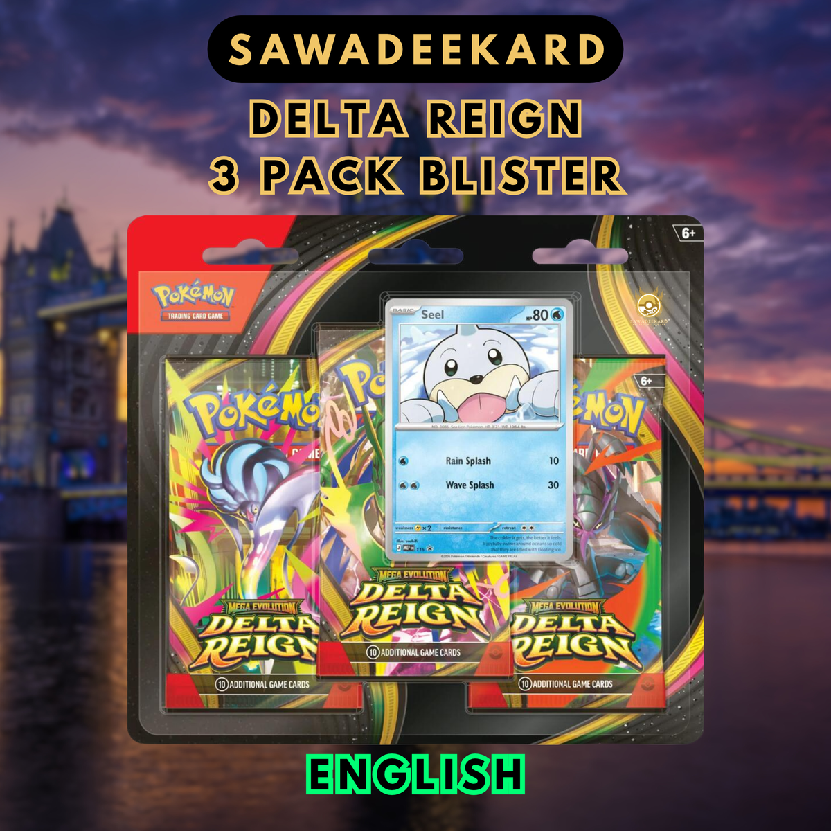 English Pokémon TCG Mega Evolution Delta Reign 3-Pack Blister with three booster packs and Seel MEP 116 foil promo card