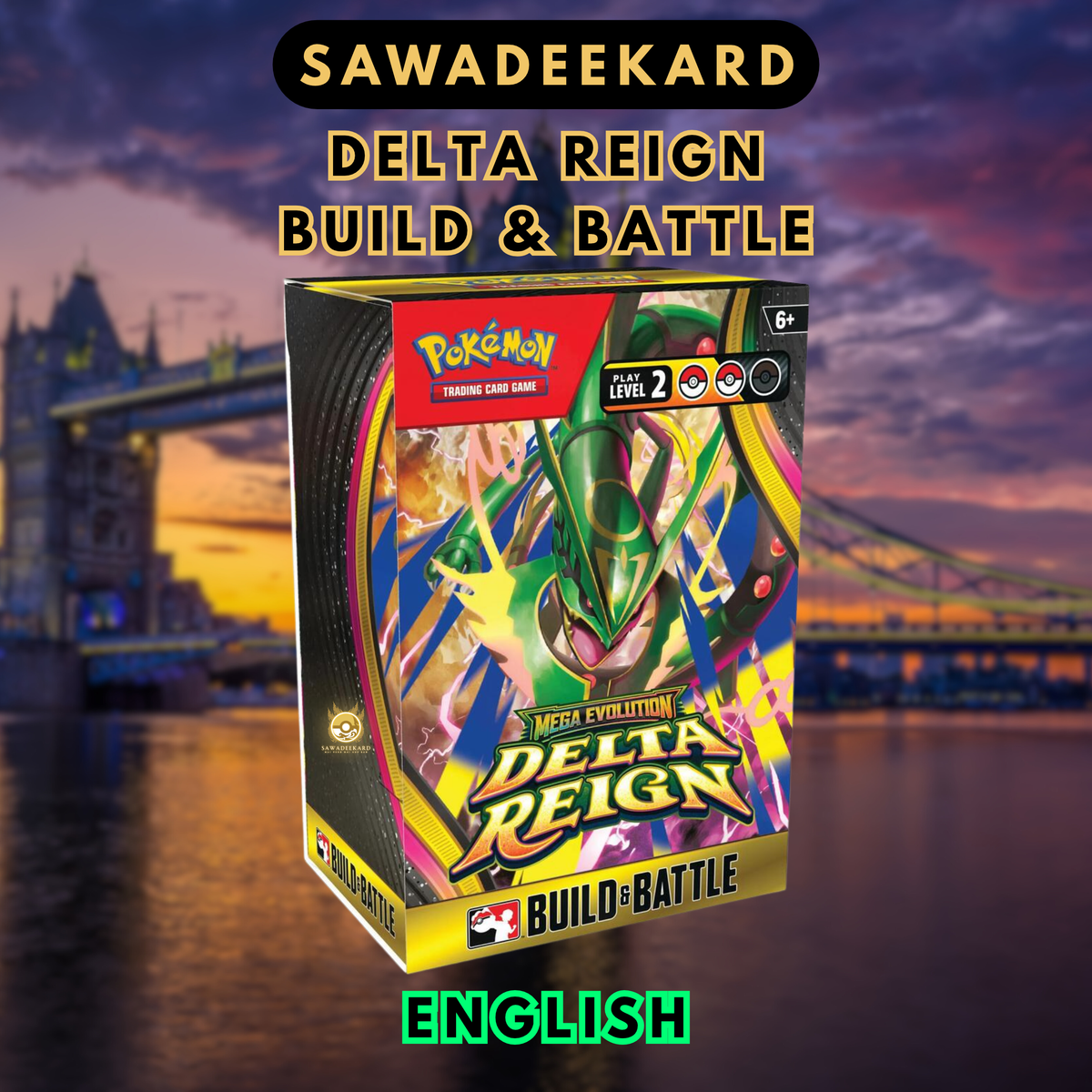English Pokémon TCG Mega Evolution Delta Reign Build & Battle Box containing four booster packs and a 40-card deck with a foil prerelease promo

