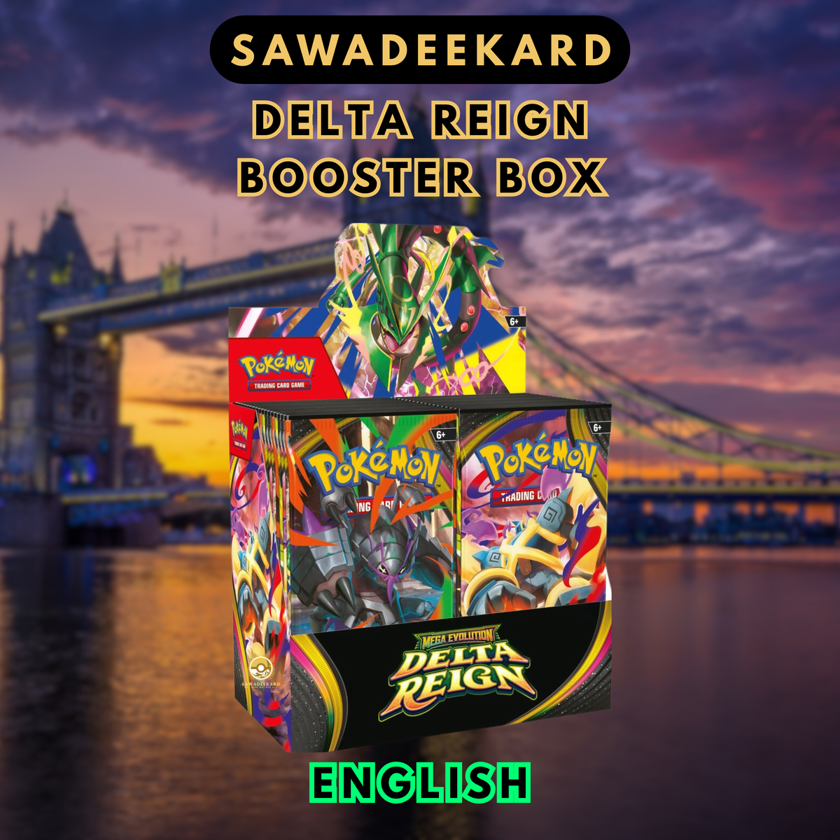 English Pokémon TCG Mega Evolution Delta Reign booster box containing 36 booster packs featuring Mega Rayquaza ex