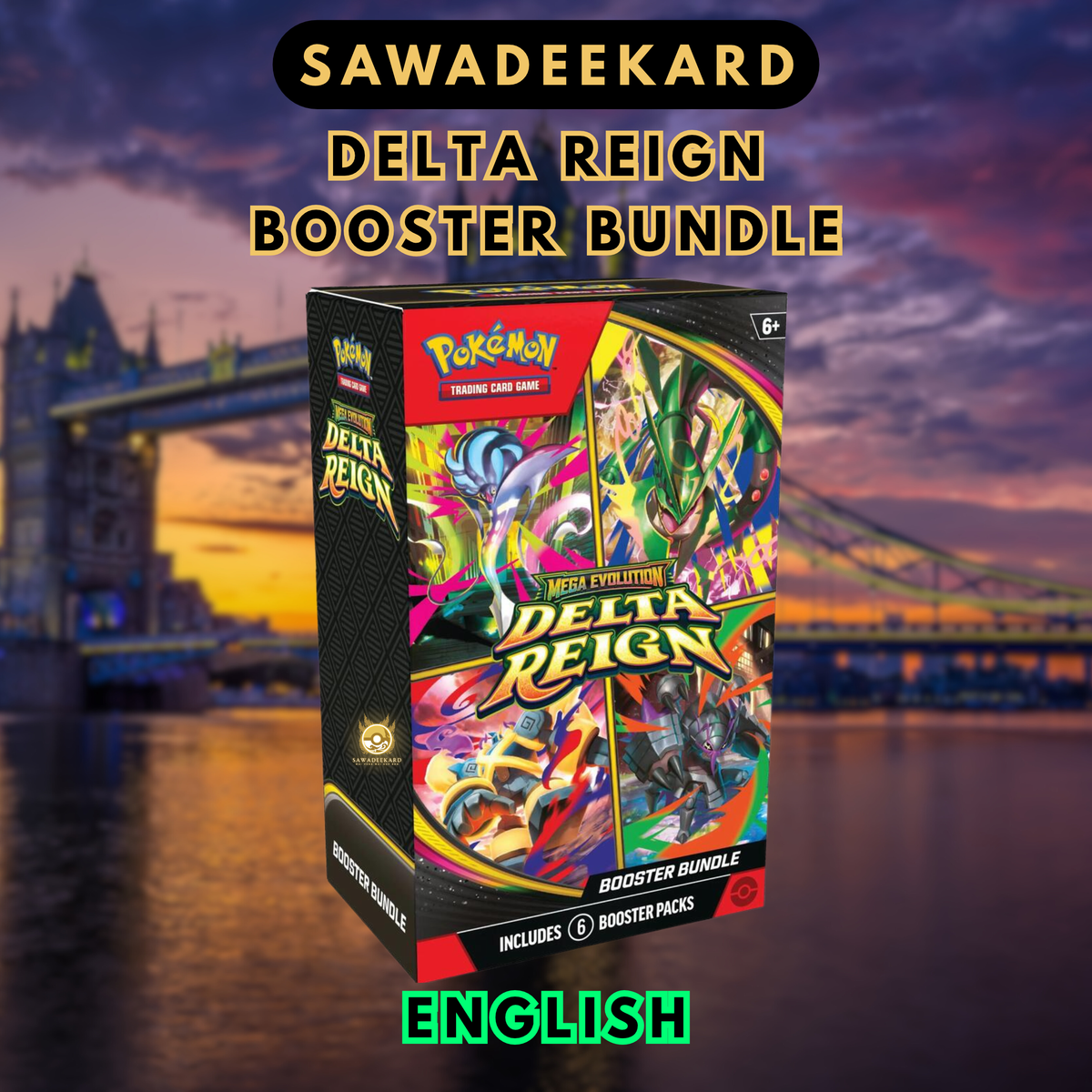 English Pokémon TCG Mega Evolution Delta Reign Booster Bundle containing six booster packs featuring Mega Rayquaza ex
