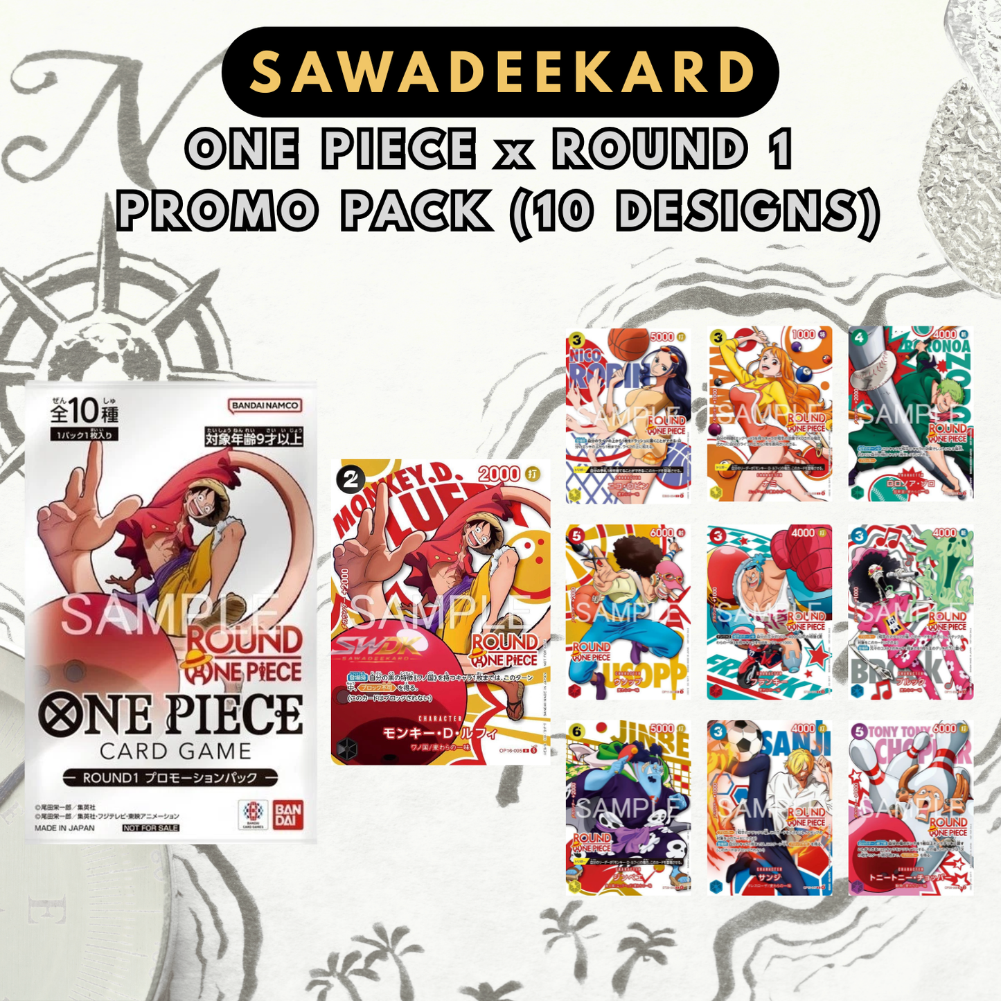 Japanese ONE PIECE × ROUND1 Promotion Pack preorder containing one random promotional card from the exclusive 10-card collaboration.