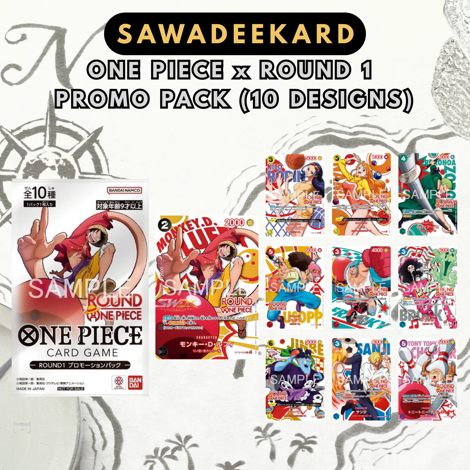 Japanese ONE PIECE × ROUND1 Promotion Pack preorder containing one random promotional card from the exclusive 10-card collaboration.