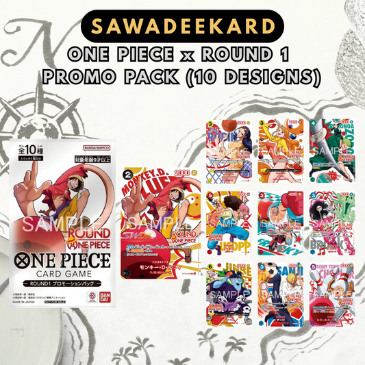 Japanese ONE PIECE × ROUND1 Promotion Pack preorder containing one random promotional card from the exclusive 10-card collaboration.