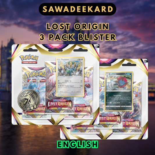 Pokemon TCG Lost Origin 3 Pack Blister featuring three booster packs and a Regigigas or Weavile promo card