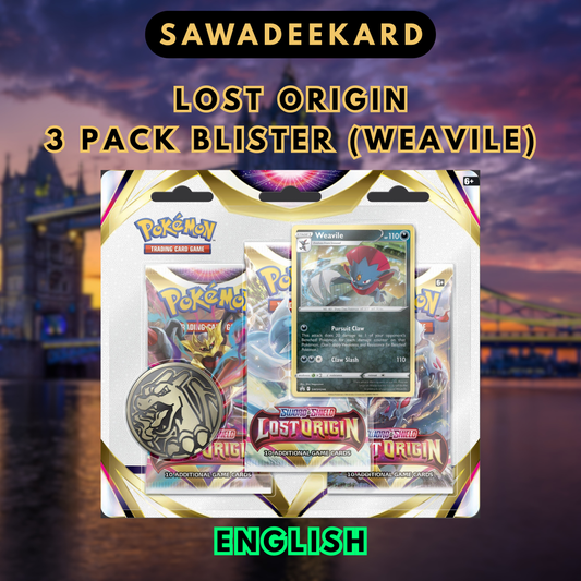 Pokemon TCG Lost Origin 3 Pack Blister featuring exclusive Weavile foil promo card and three Lost Origin booster packs