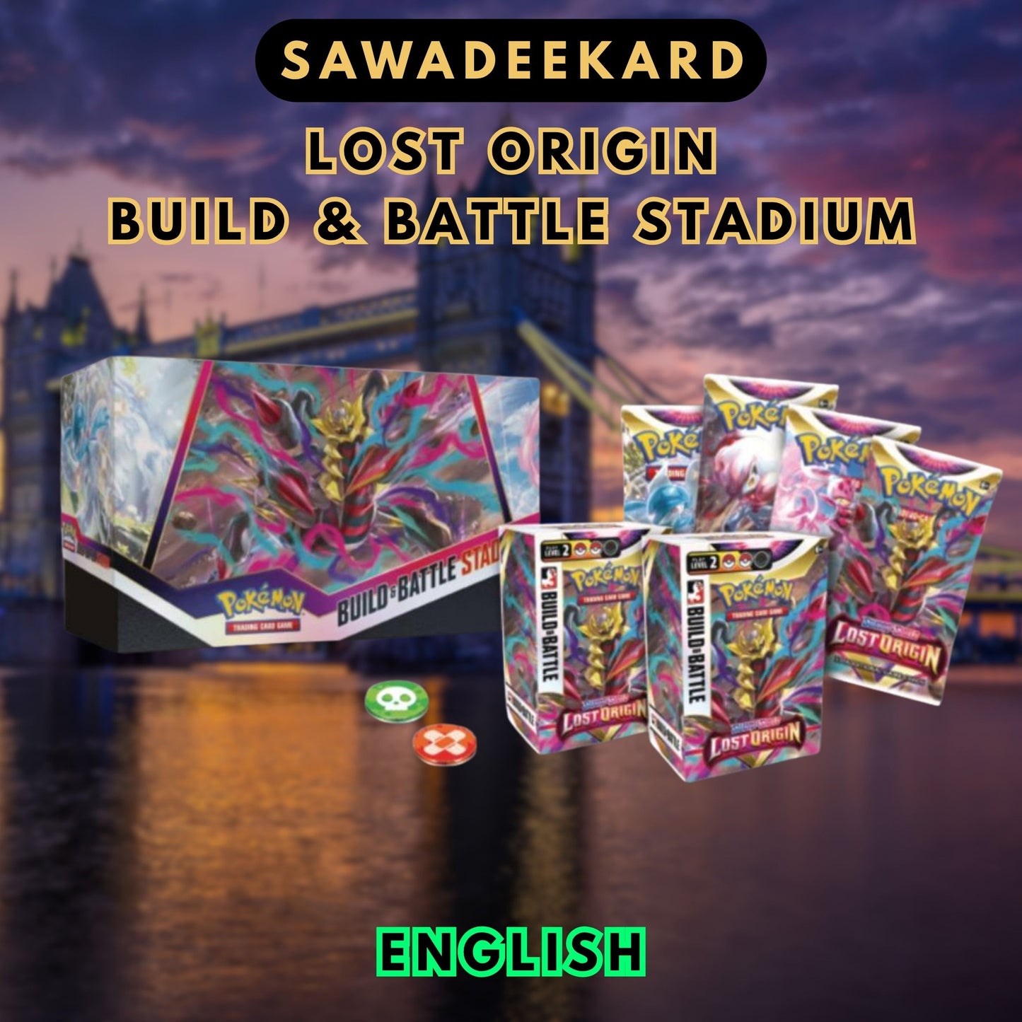 Lost Origin Build and Battle Stadium contents with 12 booster packs two 40 card decks Energy cards dice and condition markers