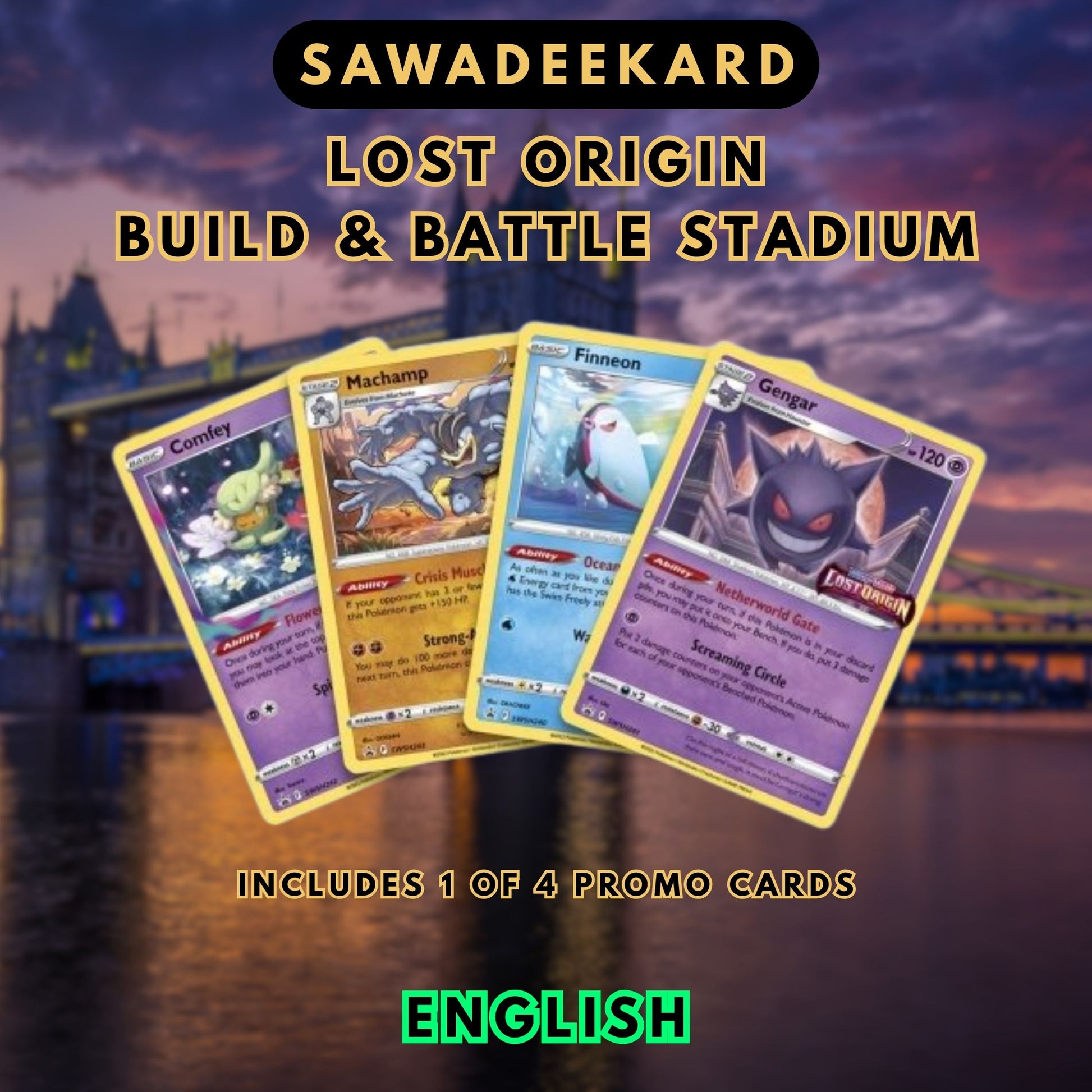 Pokemon Lost Origin stamped Build and Battle promo cards featuring Finneon Gengar Comfey and Machamp