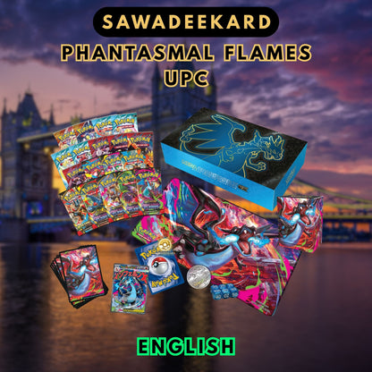 Pokemon TCG Mega Charizard X ex Ultra Premium Collection contents including 18 booster packs, Mega Charizard X ex promo card, Oricorio ex promo card, playmat, deck box, sleeves, metal coin and dice