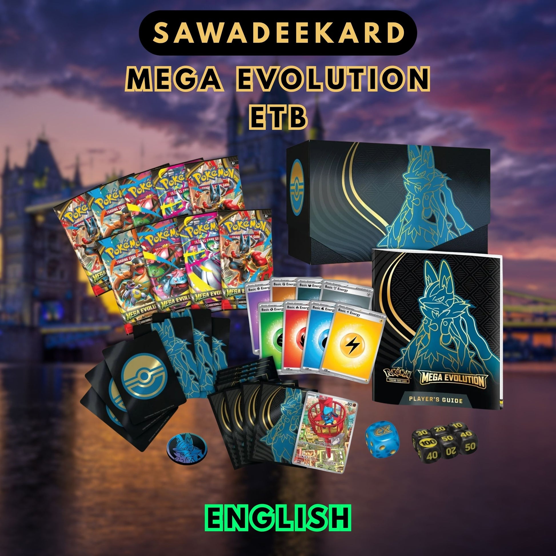 Pokemon TCG Mega Evolution Lucario Elite Trainer Box contents including 9 booster packs, Full Art Riolu promo card, card sleeves, energy cards, dice, dividers and storage box