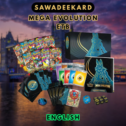 Pokemon TCG Mega Evolution Lucario Elite Trainer Box contents including 9 booster packs, Full Art Riolu promo card, card sleeves, energy cards, dice, dividers and storage box