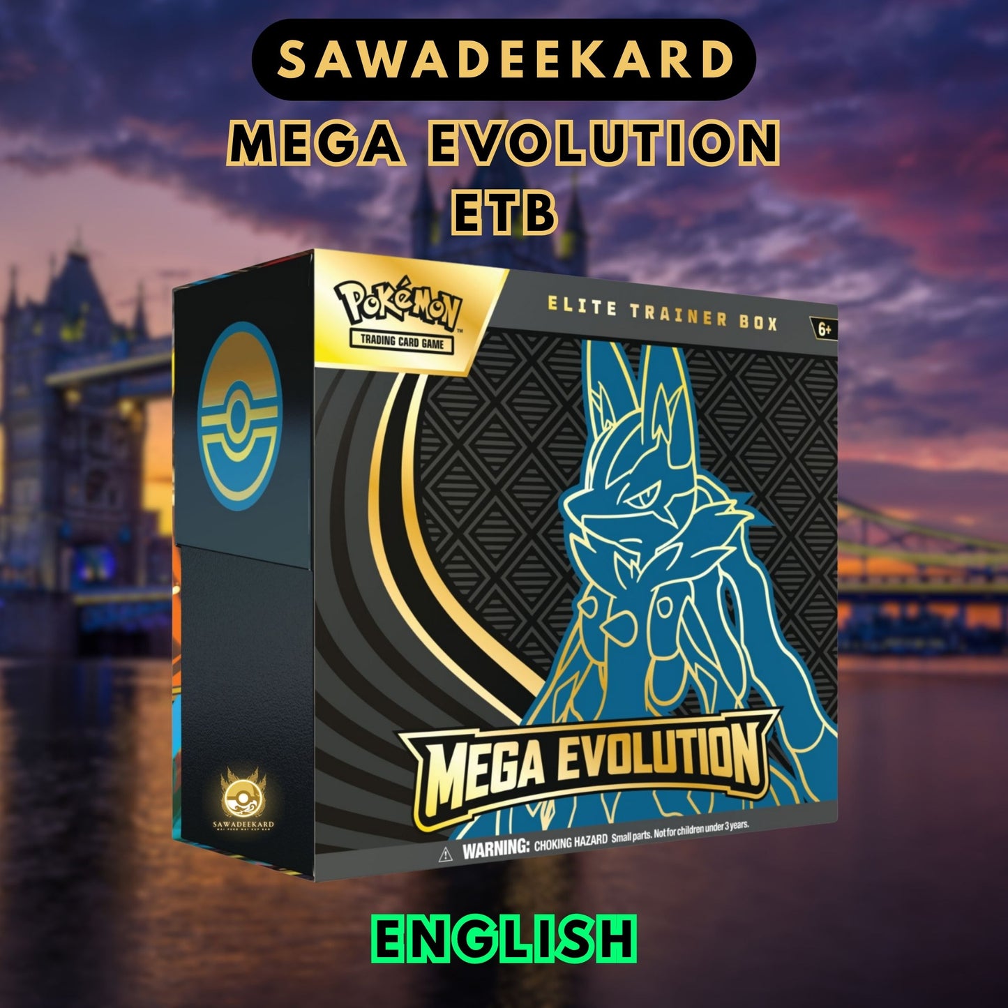 Pokemon TCG Mega Evolution Lucario Elite Trainer Box featuring 9 booster packs, Full Art Riolu promo card and Mega Lucario ex chase cards