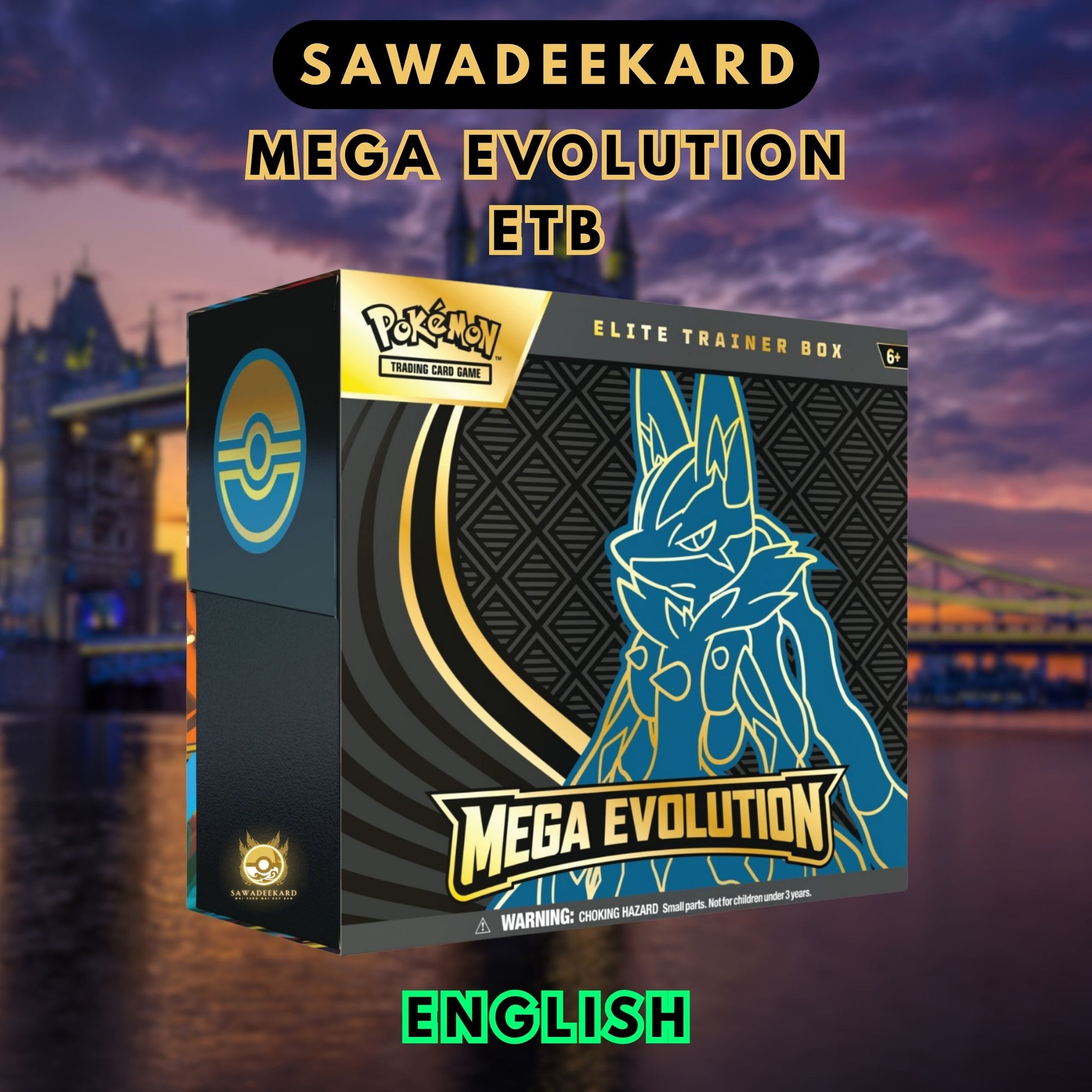 Pokemon TCG Mega Evolution Lucario Elite Trainer Box featuring 9 booster packs, Full Art Riolu promo card and Mega Lucario ex chase cards
