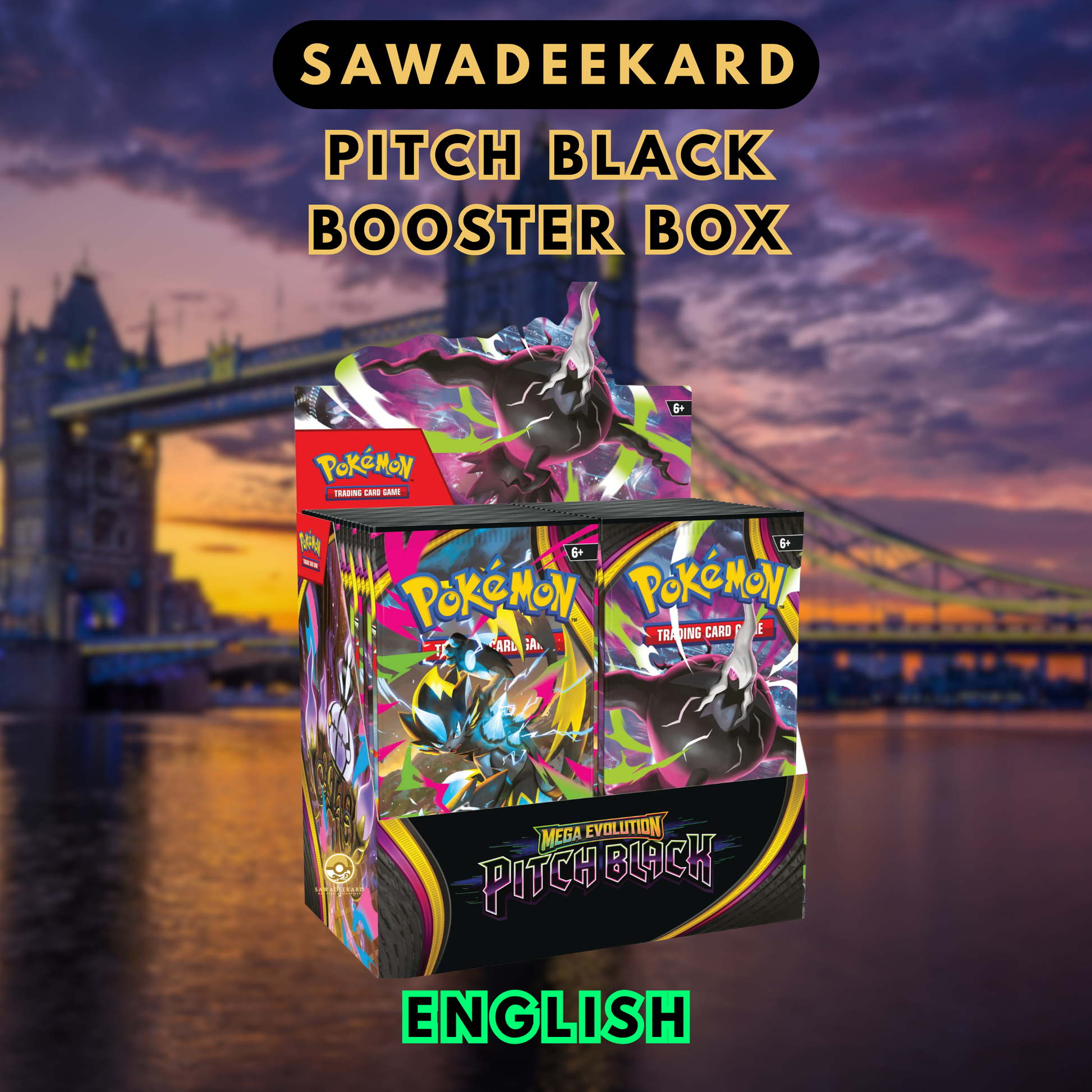 Pokemon TCG Mega Evolution Pitch Black Booster Box containing 36 booster packs featuring Mega Darkrai ex MHR Mega Darkrai ex SIR and Morpeko ex SIR