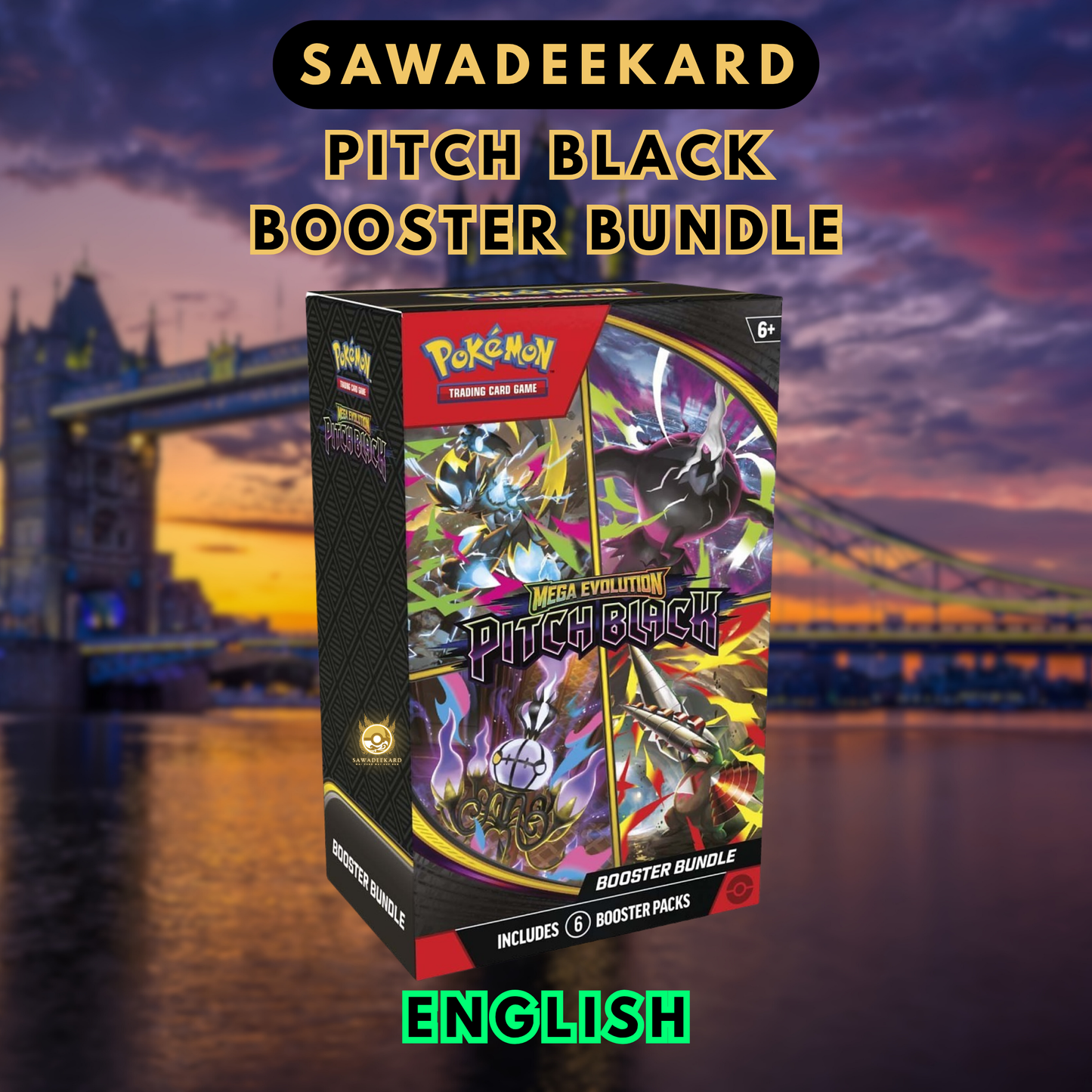 Pokemon TCG Mega Evolution Pitch Black Booster Bundle containing 6 booster packs featuring Mega Darkrai ex MHR Mega Darkrai ex SIR and Morpeko ex SIR