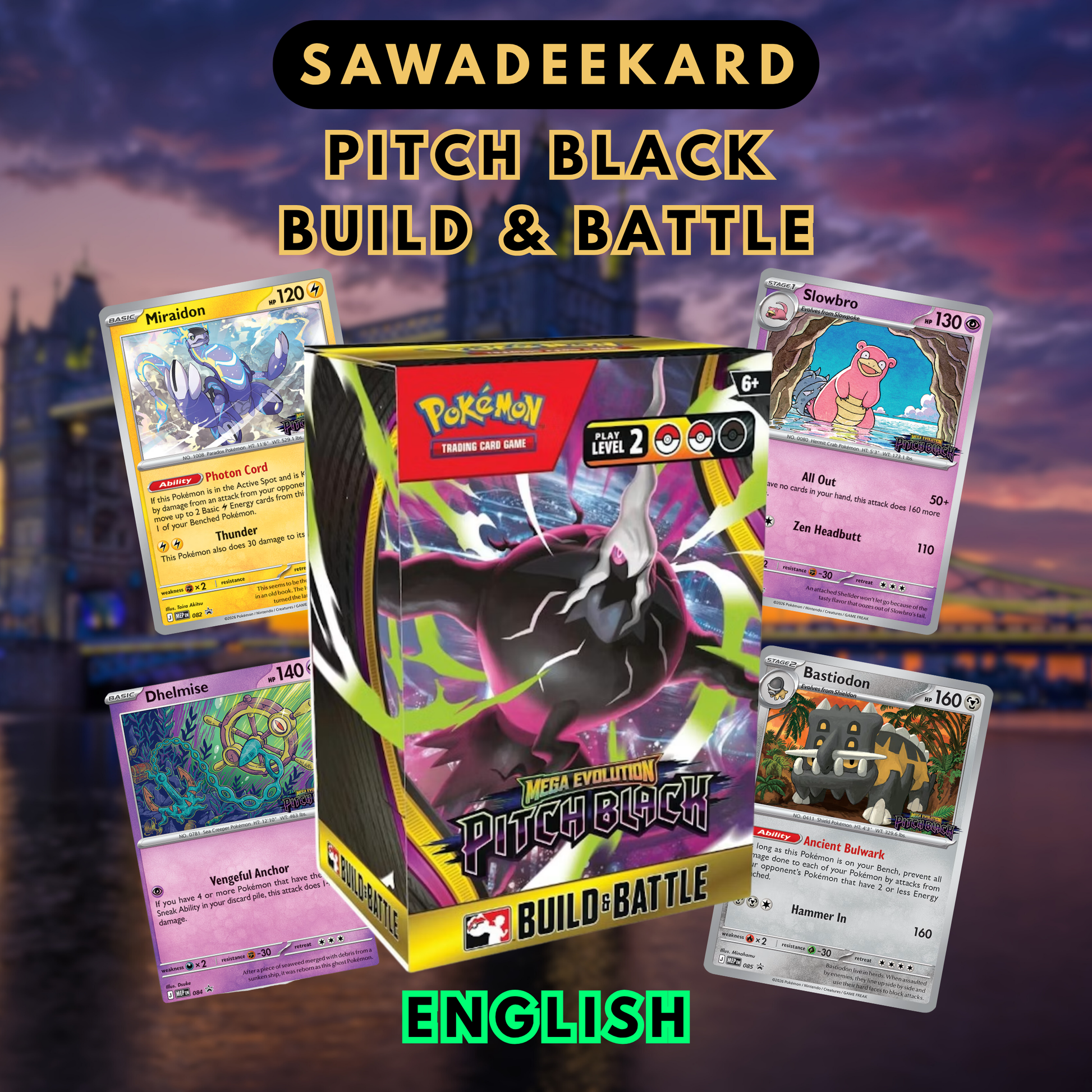 Pokemon TCG Mega Evolution Pitch Black Build and Battle Box with 4 booster packs and 1 random Miraidon Slowbro Dhelmise or Bastiodon promo card
