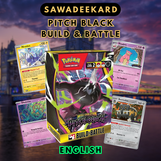 Pokemon TCG Mega Evolution Pitch Black Build and Battle Box with 4 booster packs and 1 random Miraidon Slowbro Dhelmise or Bastiodon promo card