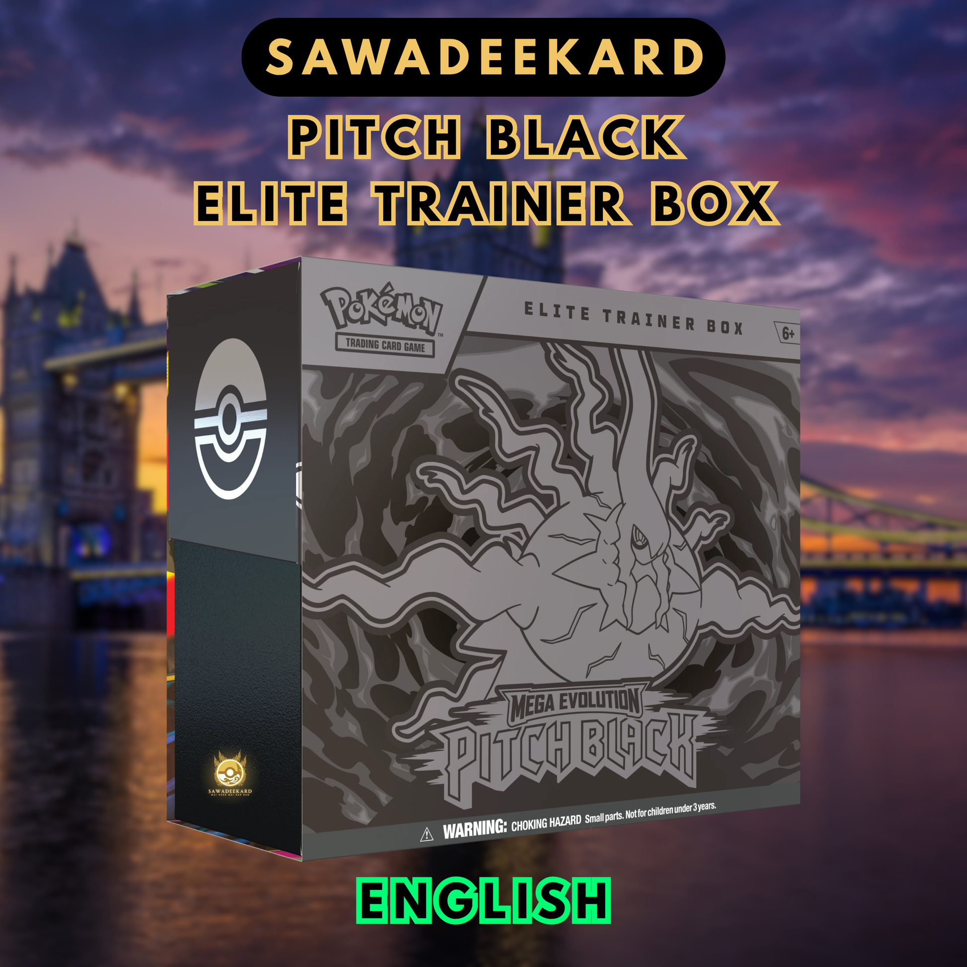 Pokemon TCG Mega Evolution Pitch Black Elite Trainer Box with 9 booster packs and exclusive Zarude promo card