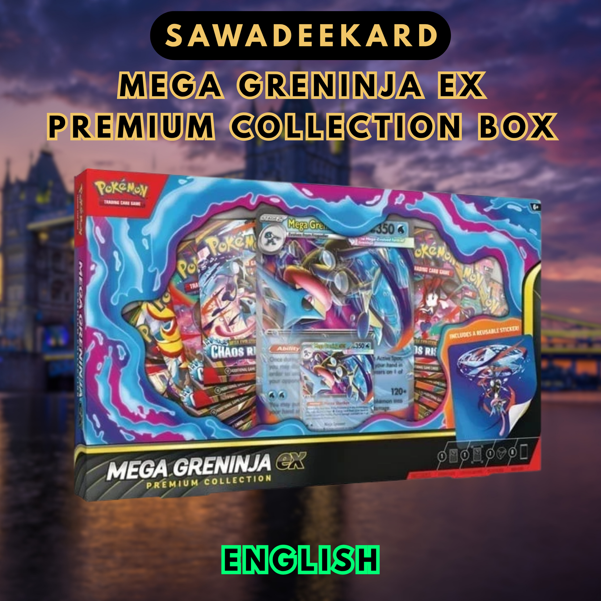 Pokemon TCG Mega Greninja ex Premium Collection with Mega Greninja promo card 4 Chaos Rising booster packs and 4 Perfect Order booster packs