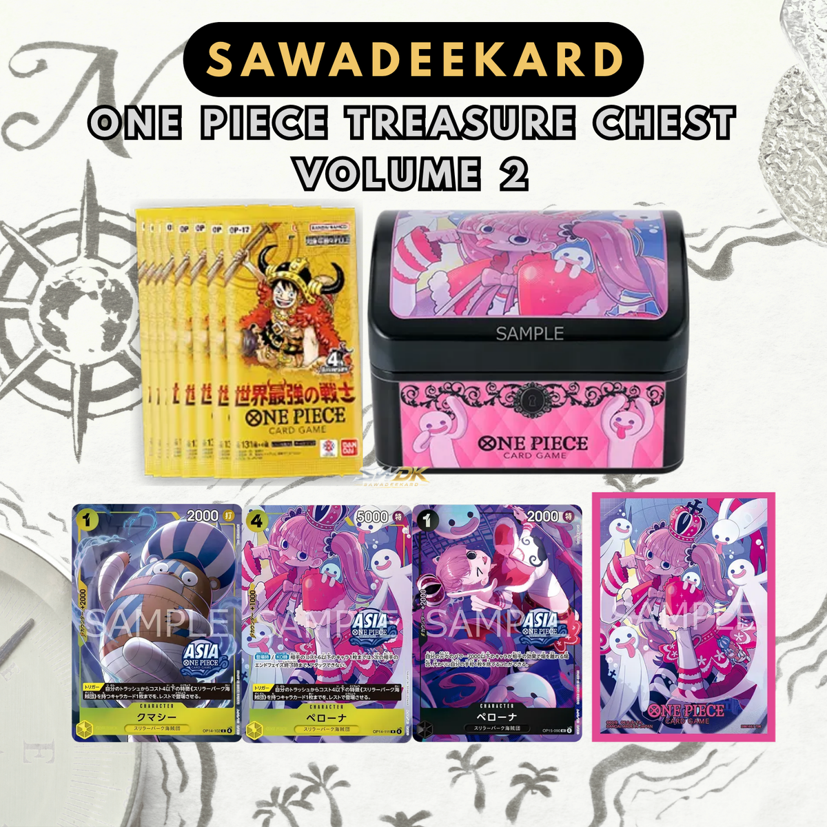 ONE PIECE CARD GAME Treasure Chest Vol 2 TC-02 Perona with OP-17 booster packs promos and sleeves