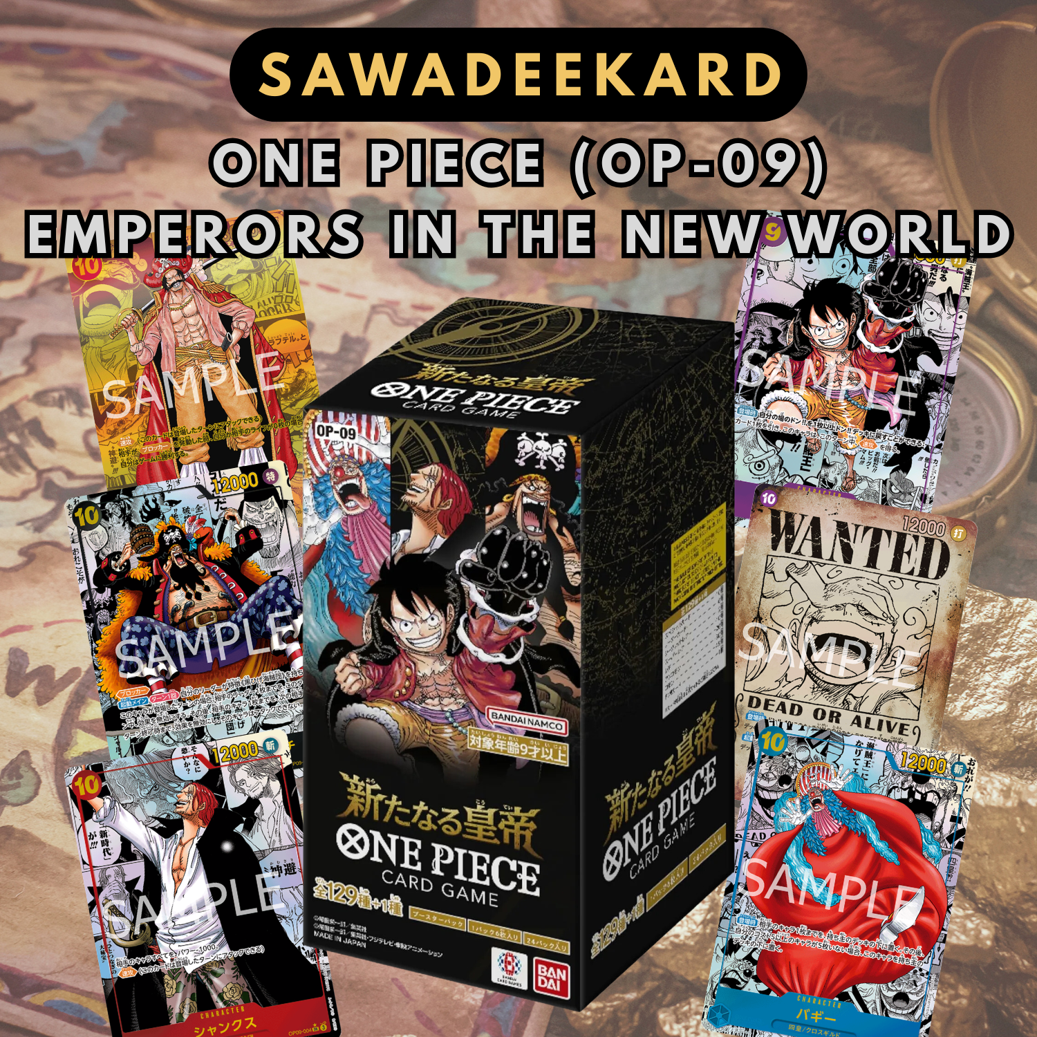 OP09 Emperors in the New World Japanese One Piece Card Game Booster Box featuring Manga Roger Manga Luffy Manga Shanks Manga Teach and Manga Buggy chase cards