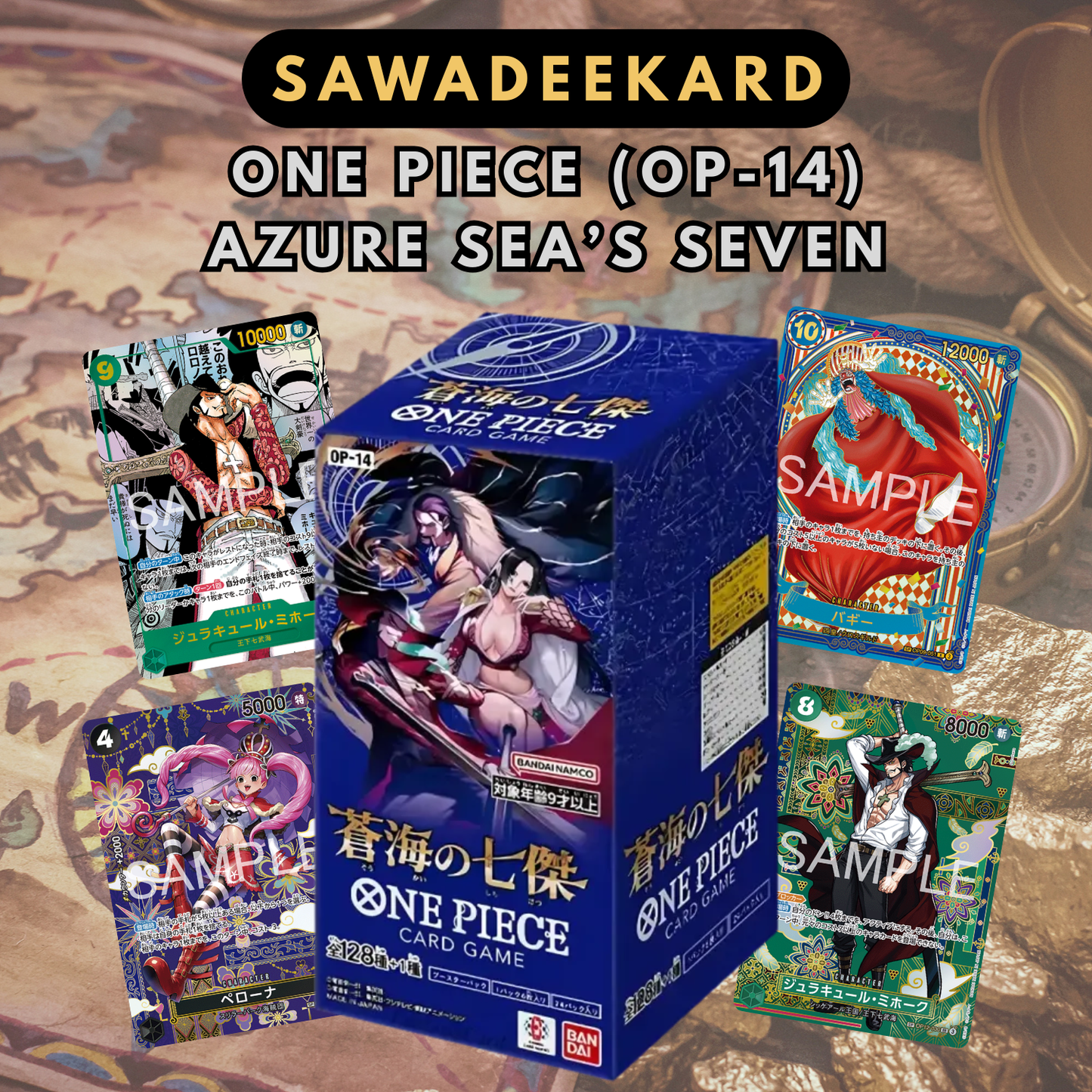 OP14 The Azure Sea's Seven Japanese One Piece Card Game Booster Box featuring Manga Dracule Mihawk SP Gold Buggy SP Perona and SP Dracule Mihawk chase cards