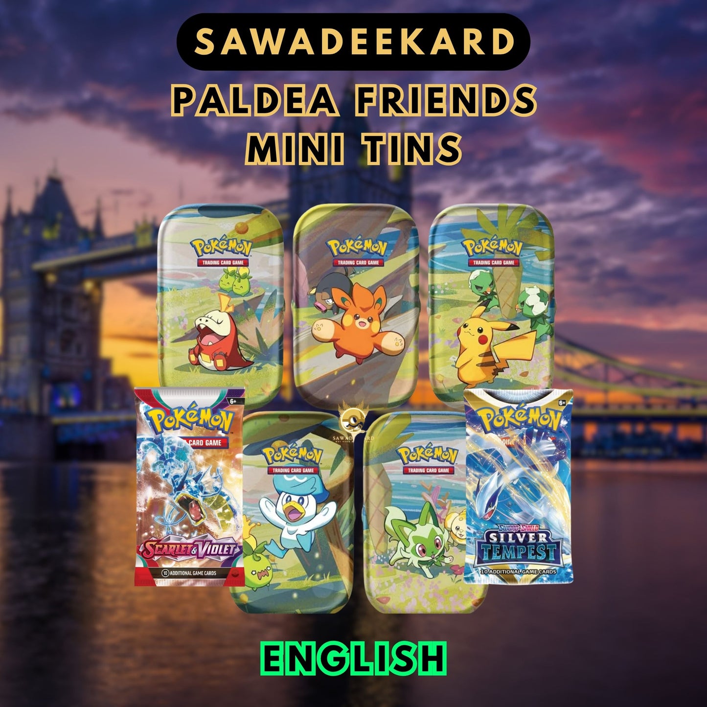 Pokemon TCG Paldea Friends Mini Tin featuring Silver Tempest and Scarlet Violet Base Set booster packs with collectible Paldea artwork