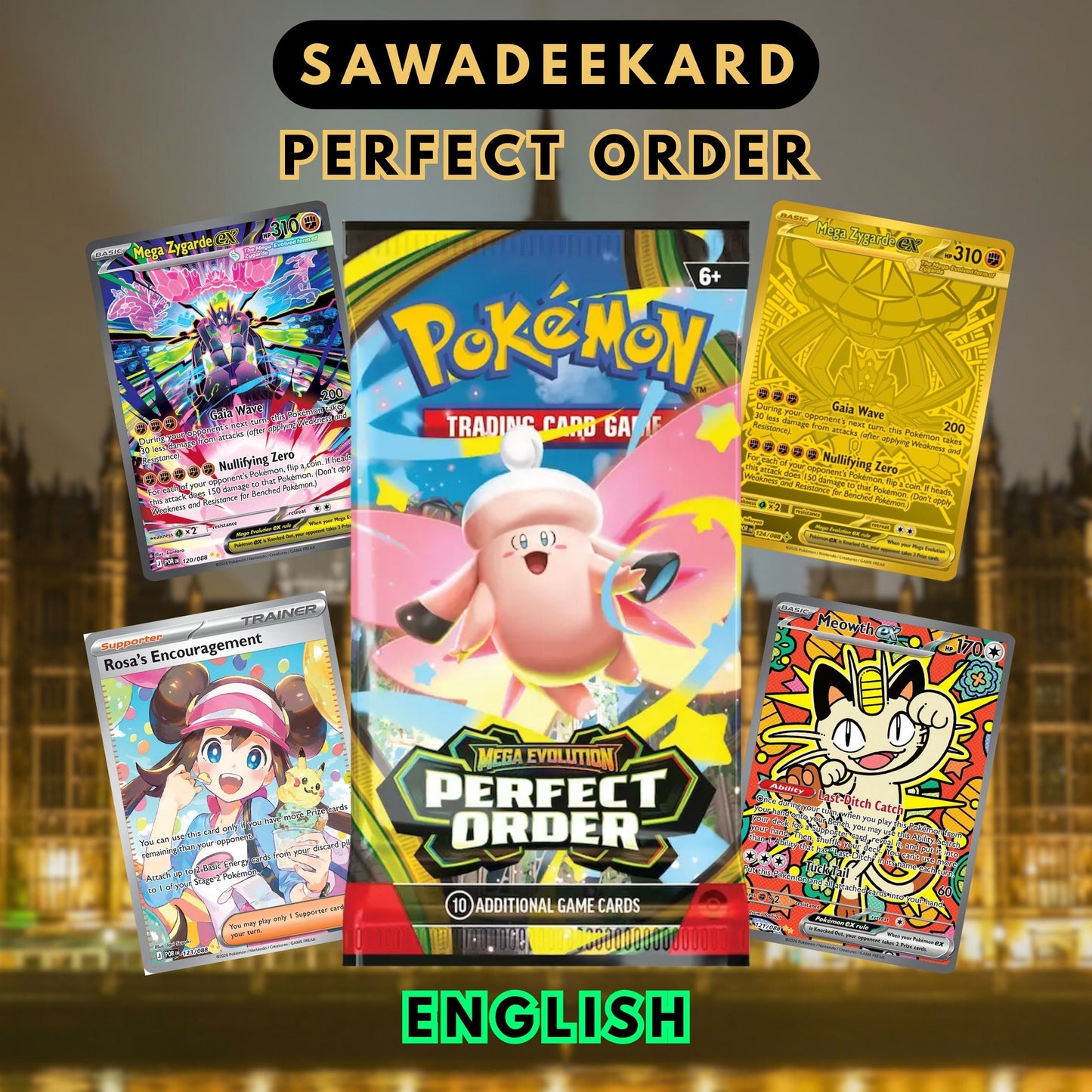 Pokemon TCG Perfect Order Booster Pack from the Mega Evolution ME3.0 expansion featuring Meowth SIR and Mega Zygarde MHR chase cards