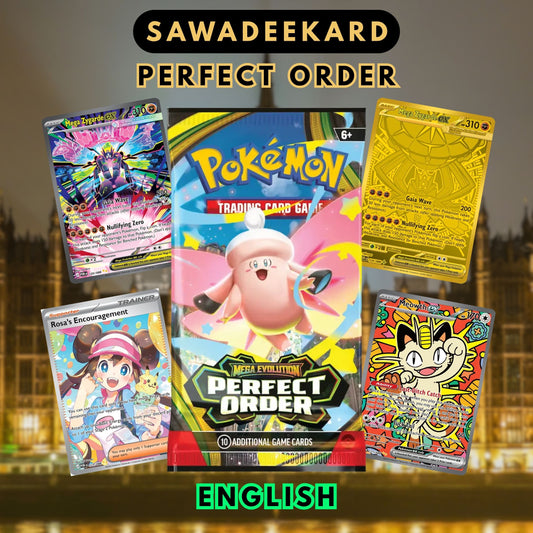 Pokemon TCG Perfect Order Booster Pack from the Mega Evolution ME3.0 expansion featuring Meowth SIR and Mega Zygarde MHR chase cards