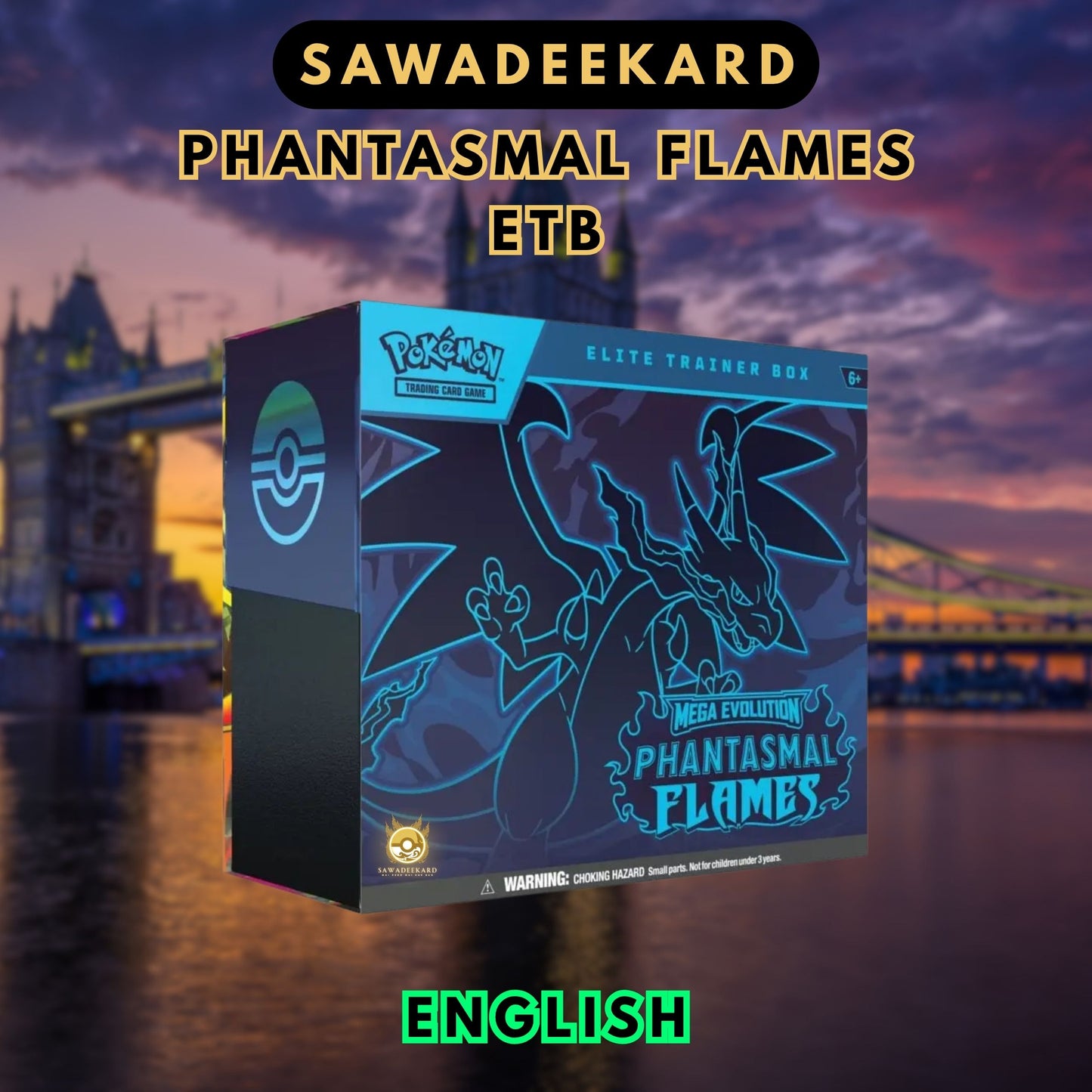 Pokemon TCG Phantasmal Flames Elite Trainer Box featuring 9 booster packs, Full Art Charcadet promo card and Mega Charizard ex chase cards