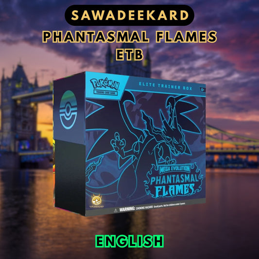 Pokemon TCG Phantasmal Flames Elite Trainer Box featuring 9 booster packs, Full Art Charcadet promo card and Mega Charizard ex chase cards