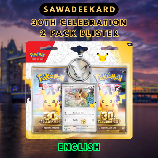 English Pokemon TCG 30th Celebration 2 Pack Blister with Eevee foil promo card two booster packs and commemorative coin