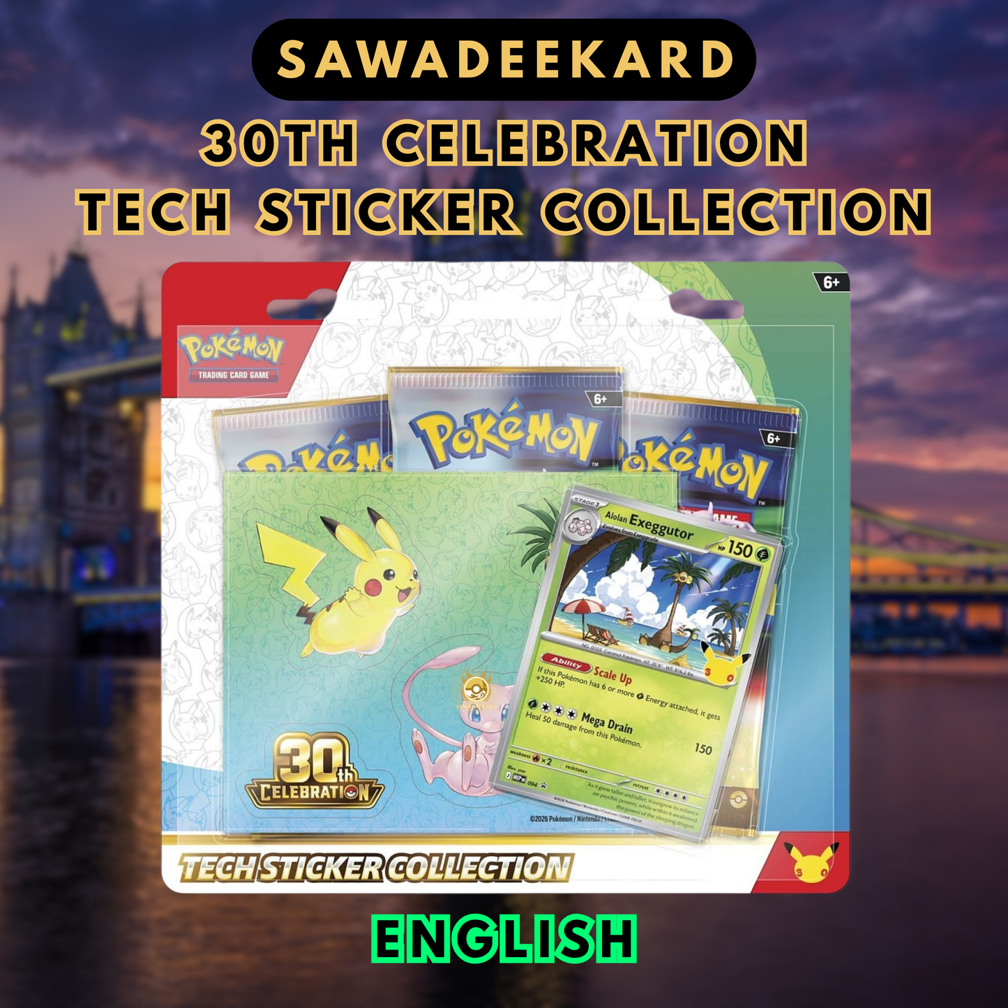 Pokemon TCG 30th Celebration Alolan Exeggutor Tech Sticker Collection with foil promo sticker sheet and 3 booster packs