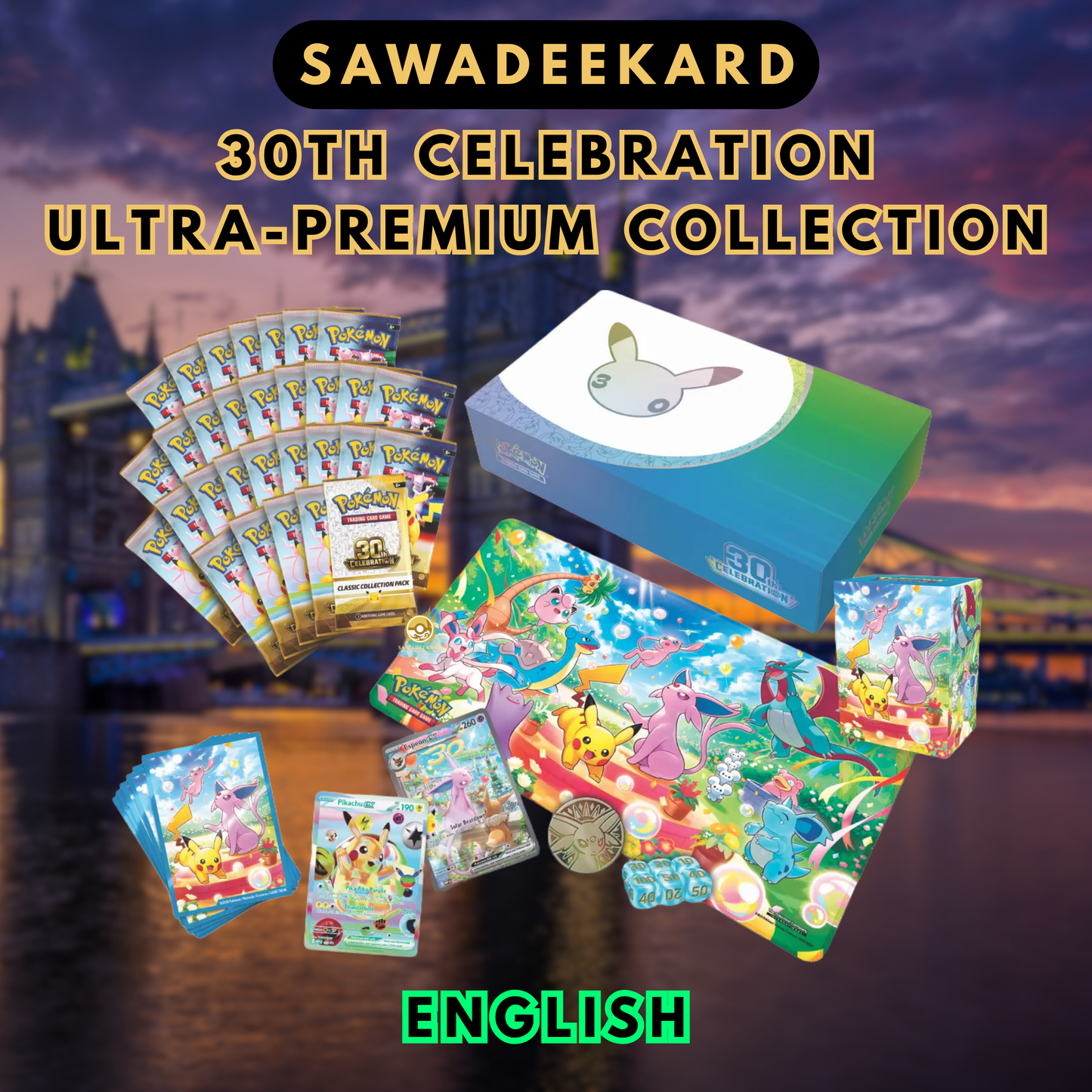 Pokemon TCG 30th Celebration Day Ultra Premium Collection featuring Pikachu ex Espeon ex and 29 booster packs