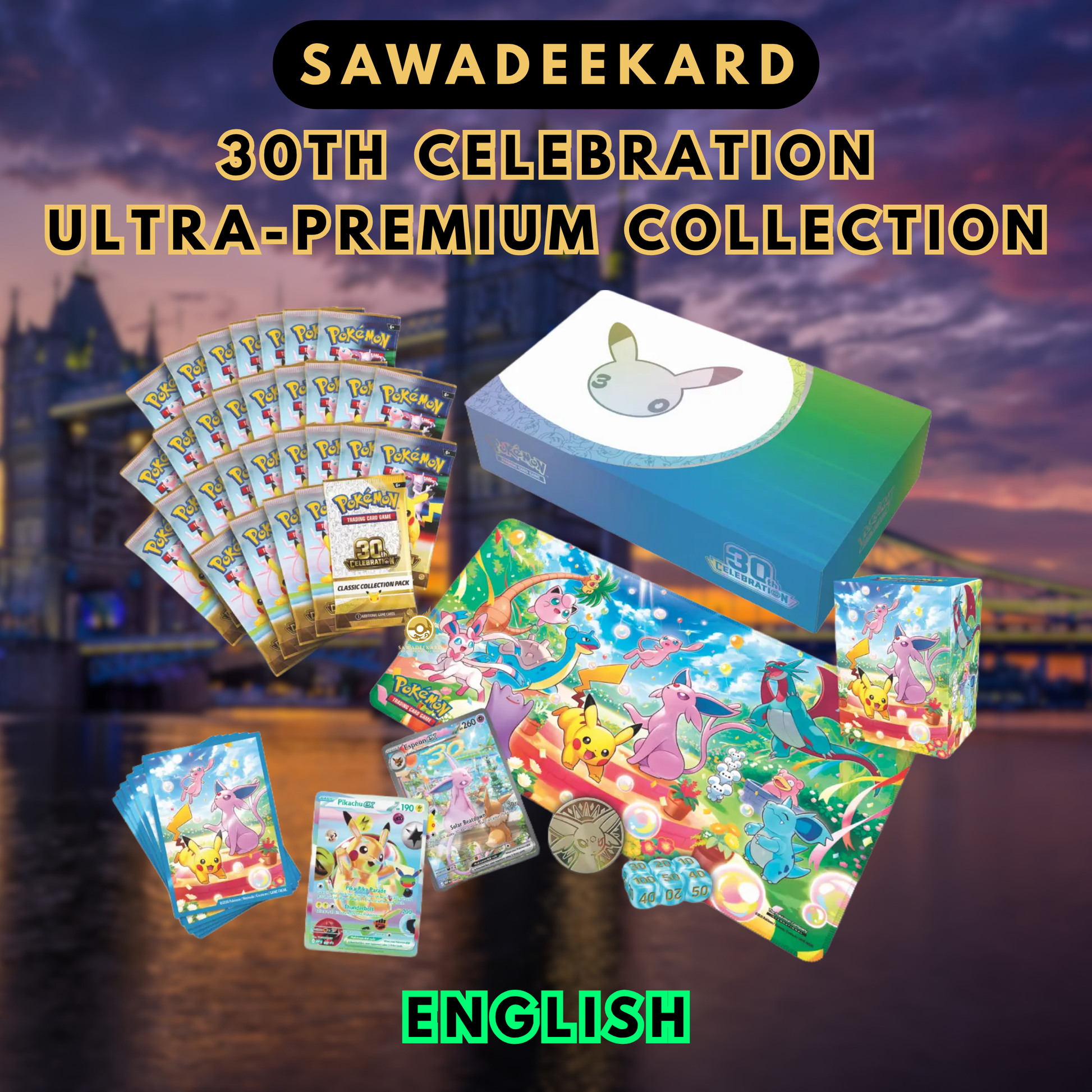 Pokemon TCG 30th Celebration Day Ultra Premium Collection featuring Pikachu ex Espeon ex and 29 booster packs